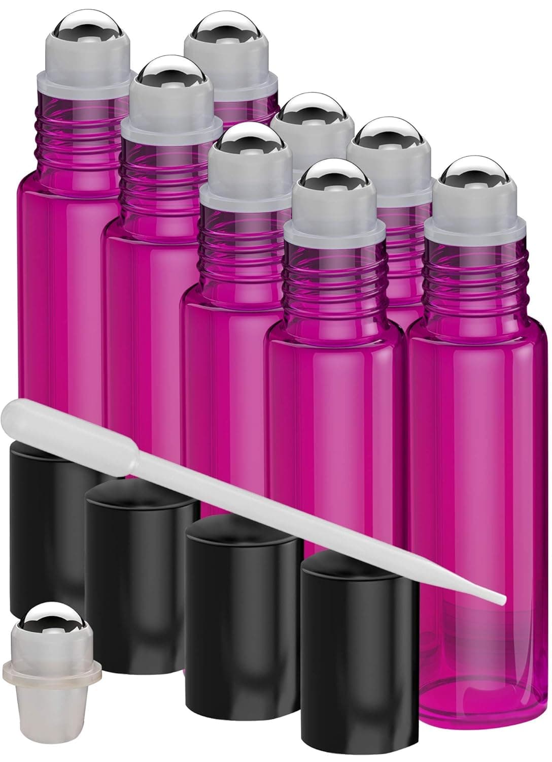 Essential Oil Roller Bottles [Metal Chrome Roller Ball] FREE Plastic Pippette, Funnel and Bottle Opener Refillable Glass Color Roll On for Fragrance Essential Oil - 10 ml 1/3 oz (8 PACK, PURPLE)
