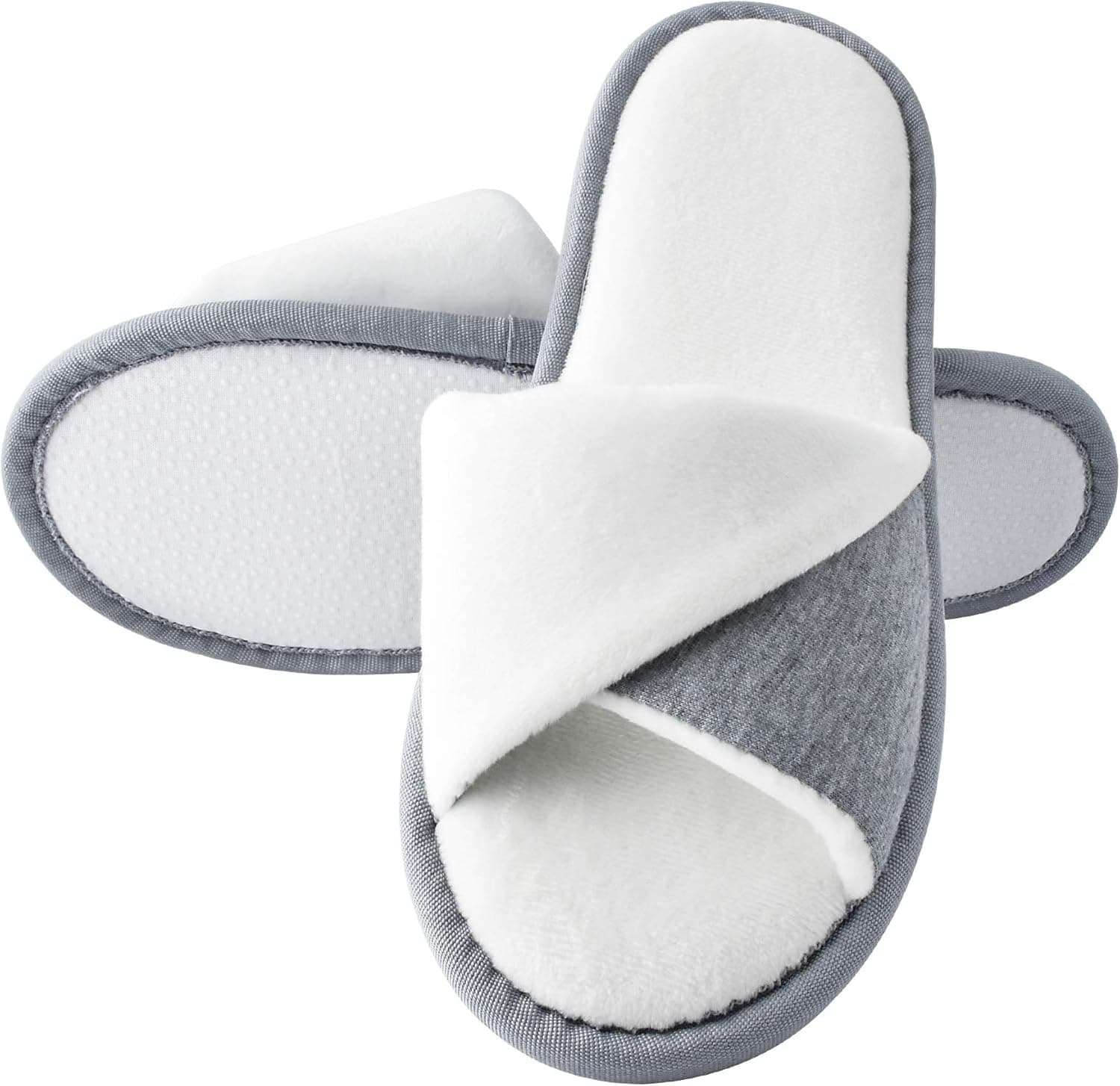 TIESTRA Womens Elegant Open Toe Slippers Slide Sandals Non-Disposable Washable House Bedroom Slippers for Hotel,Travel,Guest,Salon,Spa,Pedicure Indoor Flat Slippers Grey White EU38-39,US Women's 7-8