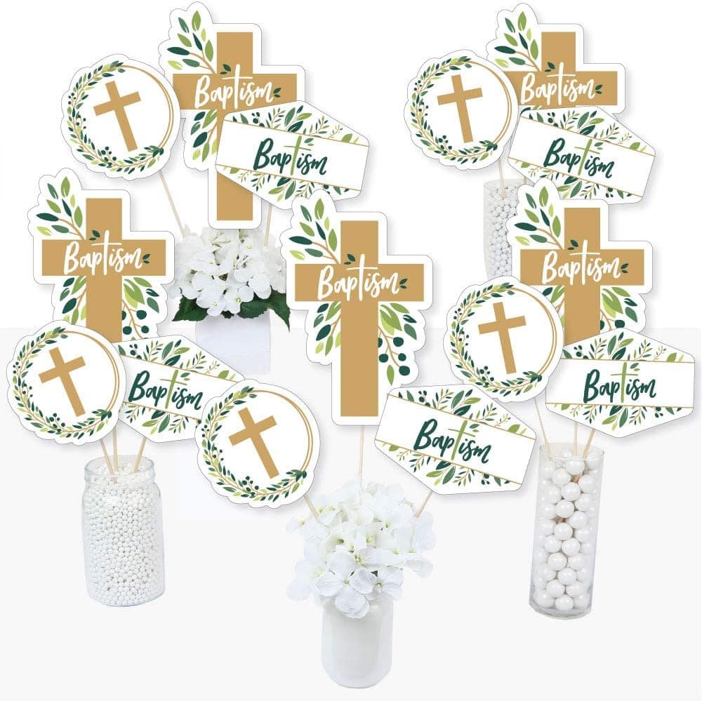 Baptism Elegant Cross - Religious Party Centerpiece Sticks - Table Toppers - Set of 15