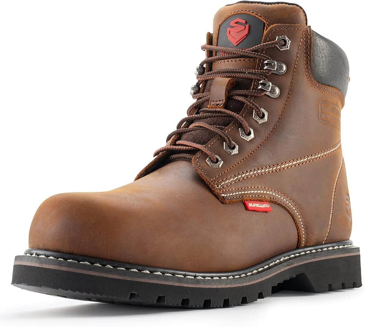 SUREWAY Mens Heavy Duty Steel Toe Work Boots,Goodyear Welted,Durable Comfortable Proved, Boots for Men Work Construction,Slip/Oil/Water/Stain Resistant Full Grain Leather Working Boots Industrial Safety Shoes with Steel Shank