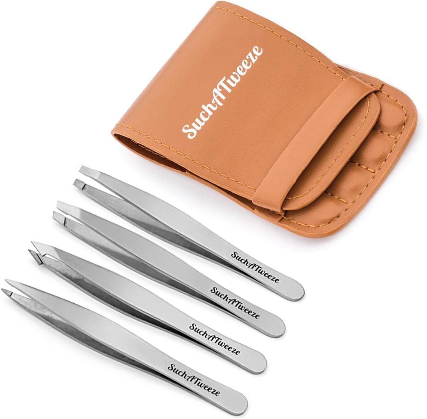 SuchATweeze Stainless Steel Slant Tweezer - Well Designed Protected Tip - Precision Plucker for Men and Women - Perfect for Ingrown and Facial hairs - 5.12” x 1.97” x 0.59“(Set of 4)