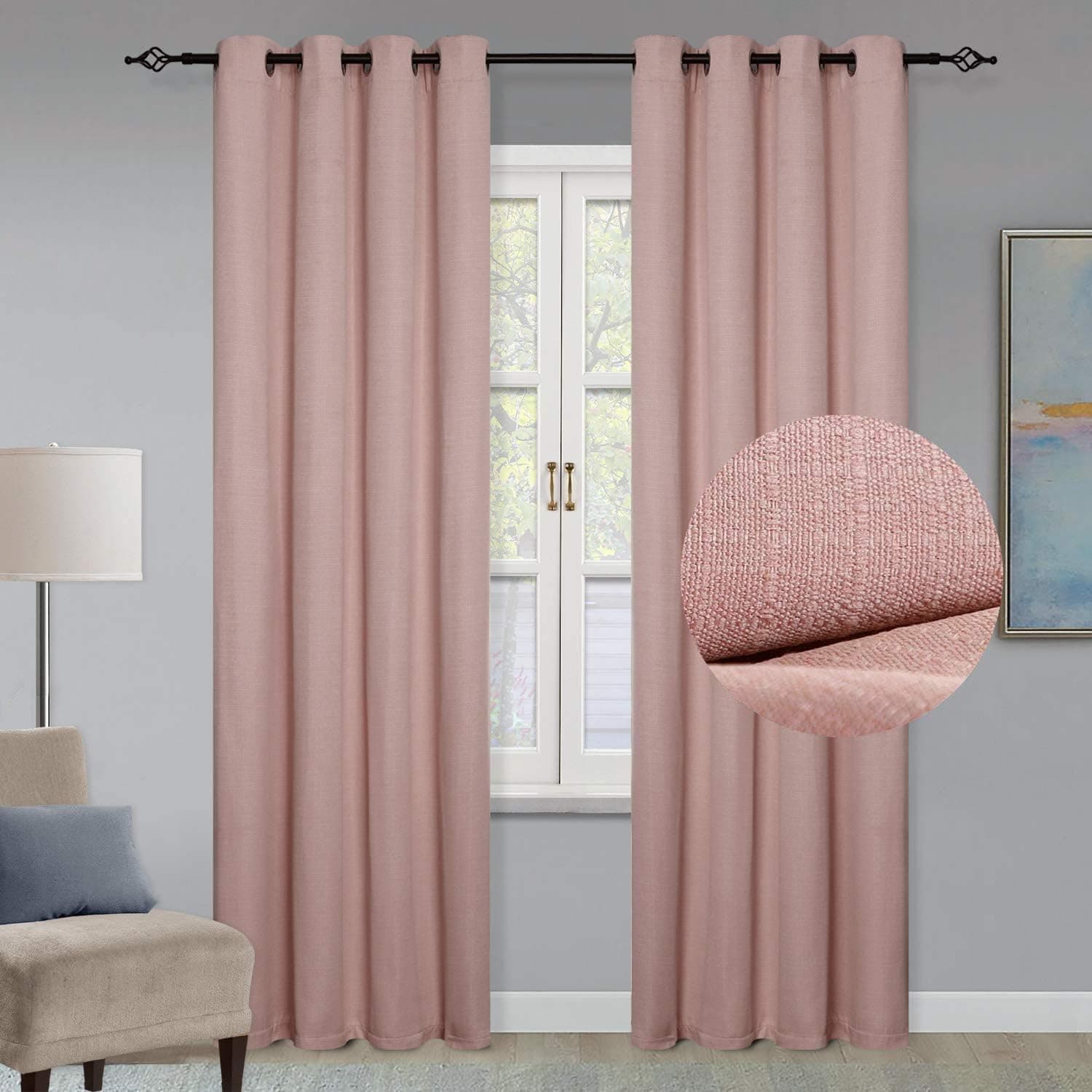 GRALI-DECOR Thermal Insulated Blackout Curtains, Room Darkening Checkered Textured Drape Panels for Living Room/Dining Room, W52 by L84, 2 Pcs, Blush Pink