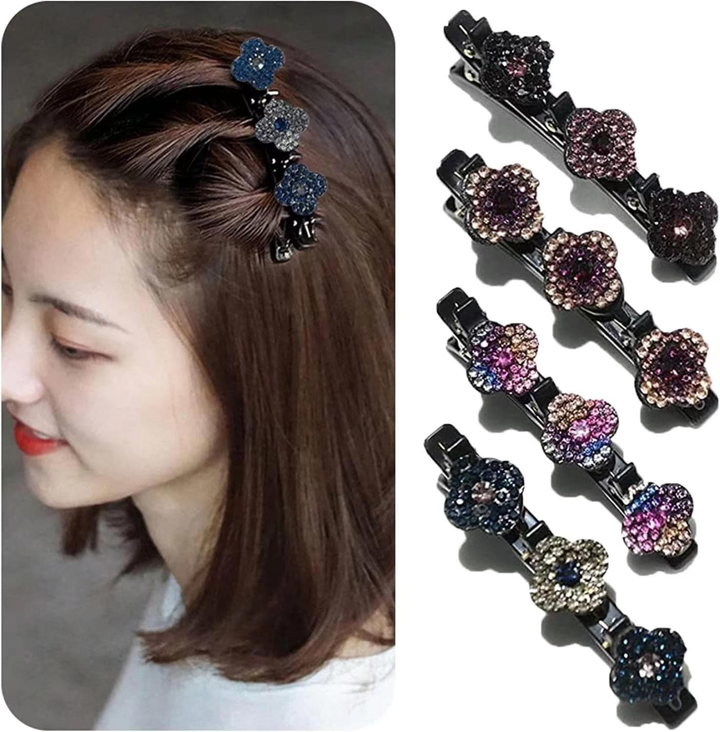 4PCS Rhinestone Hair Clips Duckbill Clip with 3 Small Clips Chopped Hairpin for Women/Girls