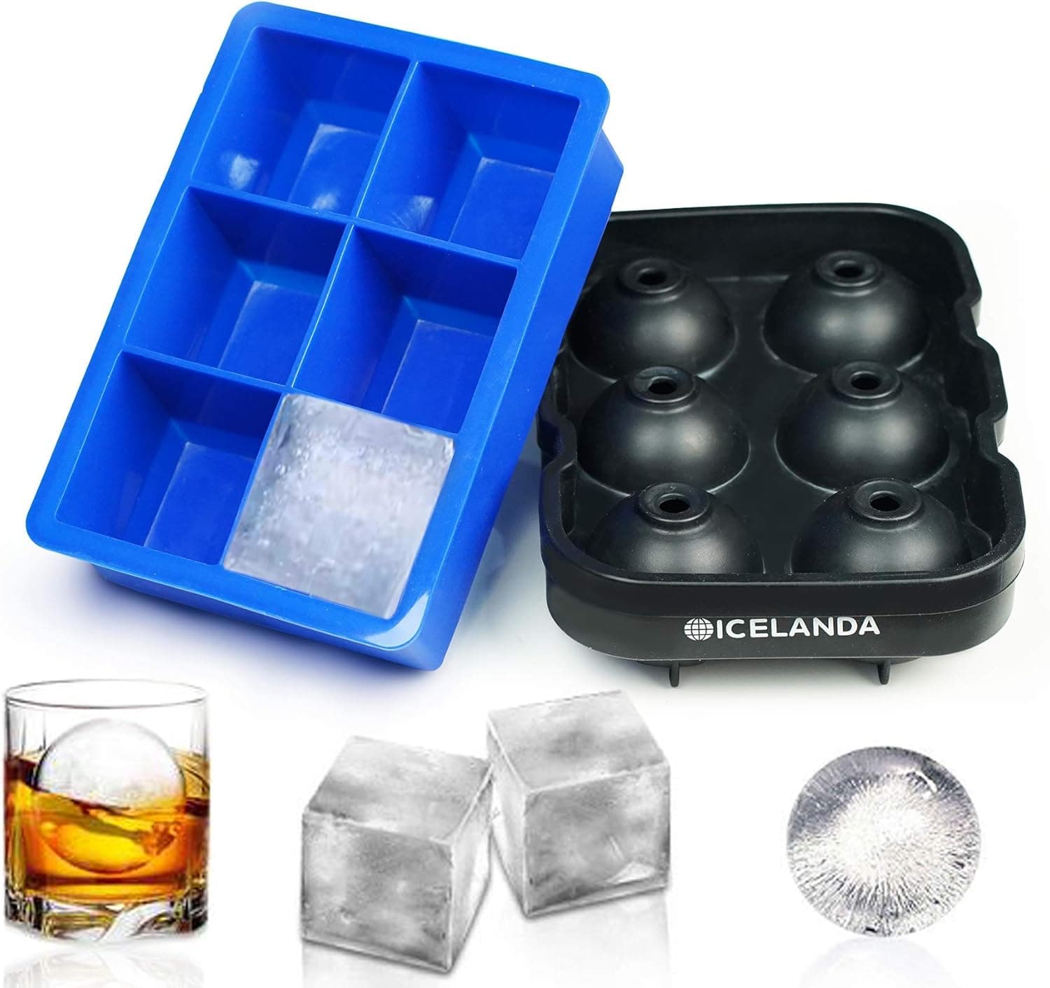 Sphere Ice Ball Mold,Large Square Ice Cube Mold,Whiskey Ice Ball Ice Cube Trays Maker,Big Cocktail Ice Cube Molds for Whiskey,Silicone Ice Cube Tray Set,Include 2 Molds & Whiskey Stirrer & Funnel