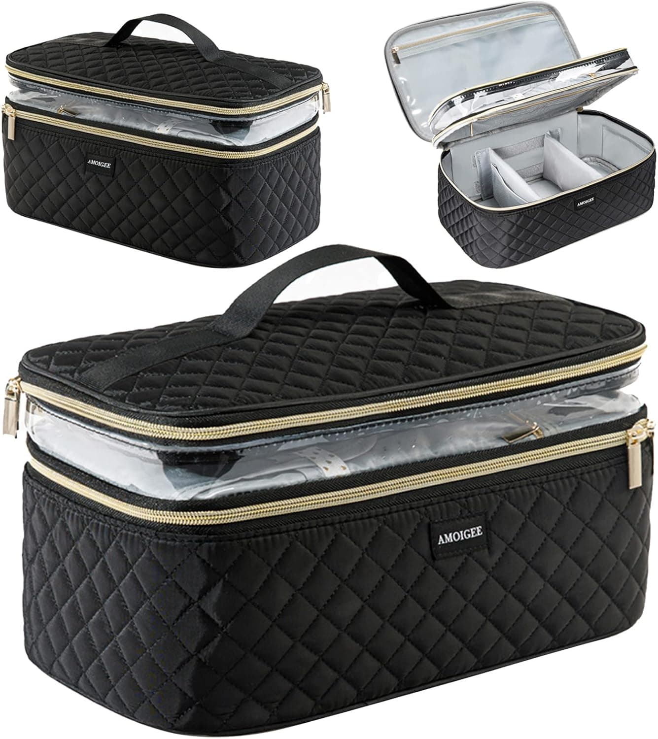 AMOIGEE Large Makeup Bag, Travel Makeup Bag Organizer, Double Layer Train Case Makeup Bag, Toiletry Bag for Makeup Brushes, Full Size Bottles, Palettes Sponge, Cosmetic Organizer, Black.…