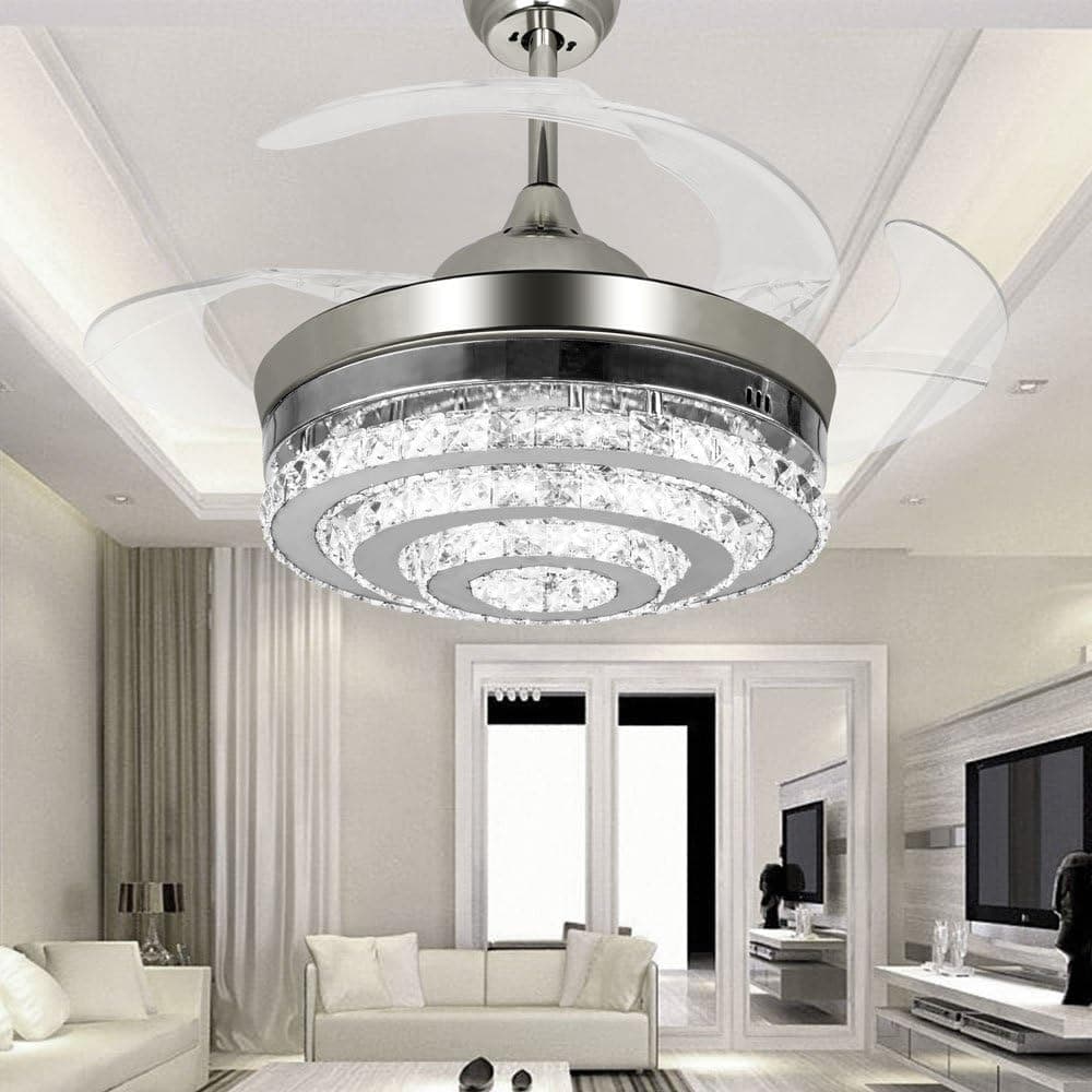 COLORLED 42 in Fandelier Crystal Ceiling Fans with Lights Retractable Blades Fan Remote Control Light 42 inch Fans Chandelier Lighting Indoor Fan, Living, Dining Room, Bedroom Fandelier Fan 42"