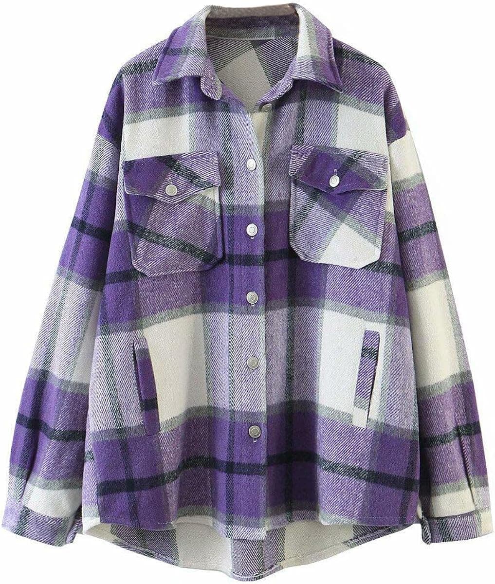 Womens Casual Flannel Wool Blend Plaid Lapel Button Down Long Sleeve Shacket Jacket Coat Winter Loose Shirts