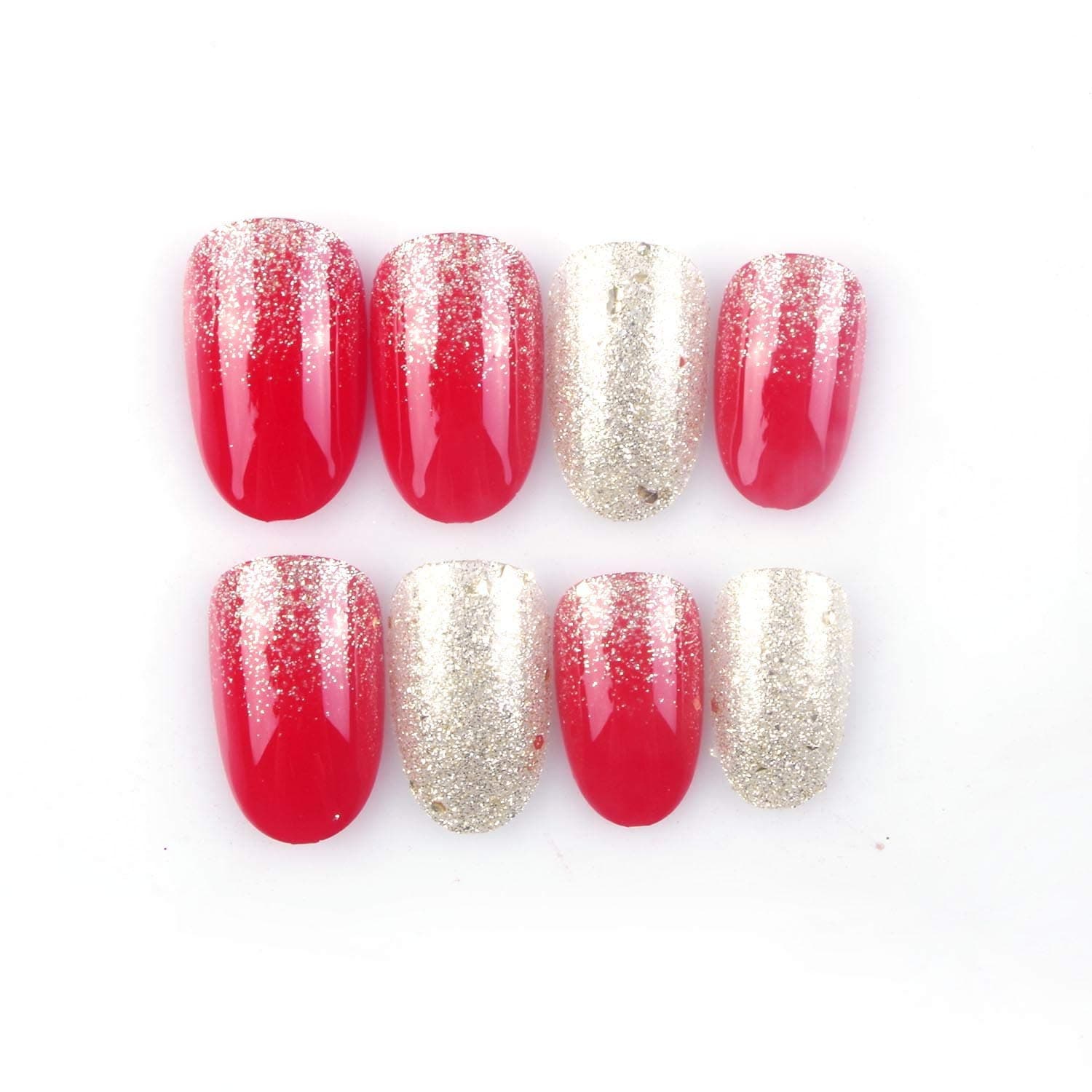 24 Pcs Red Full Cover Short False Gradient Gold Powder Glitter Nails Gel Nail Art Tips Sets for Christmas Decals,Decoration