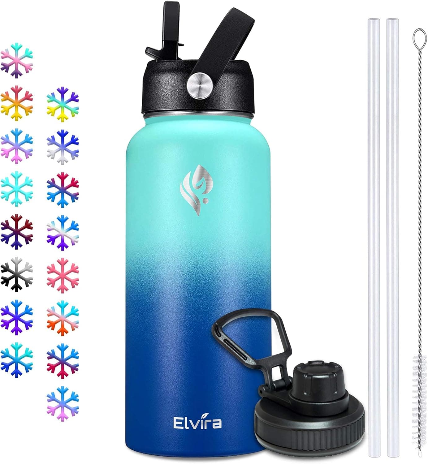 Elvira 32oz Vacuum Insulated Stainless Steel Water Bottle with Straw & Spout Lids, Double Wall Sweat-proof BPA Free to Keep Beverages Cold For 24Hrs or Hot For 12Hrs