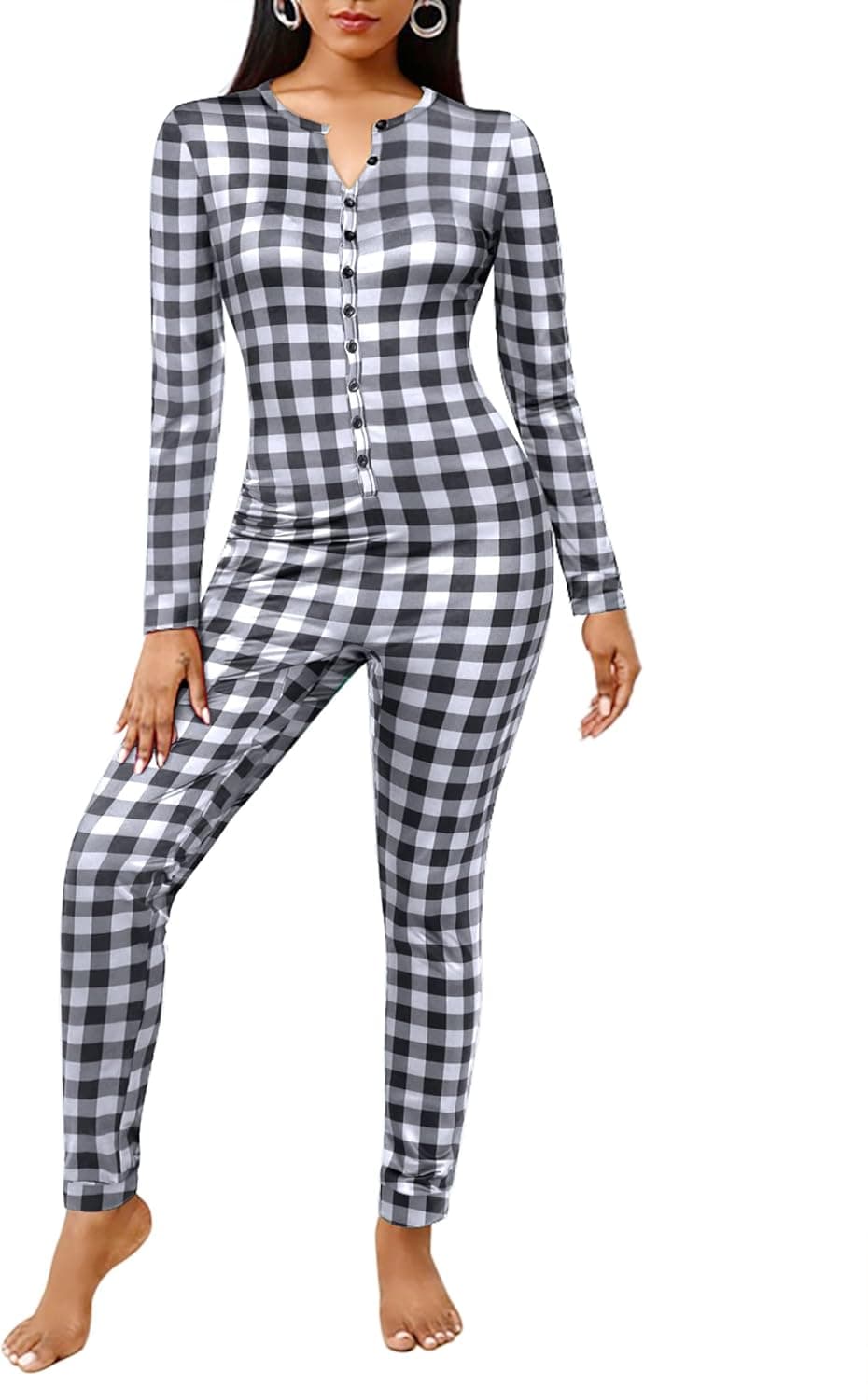 Ekouaer Women's Button Onesie Pajamas Bandage One Piece Long Sleep Romper Pajama Bodysuit Jumpsuit Bodycon XS-XXL