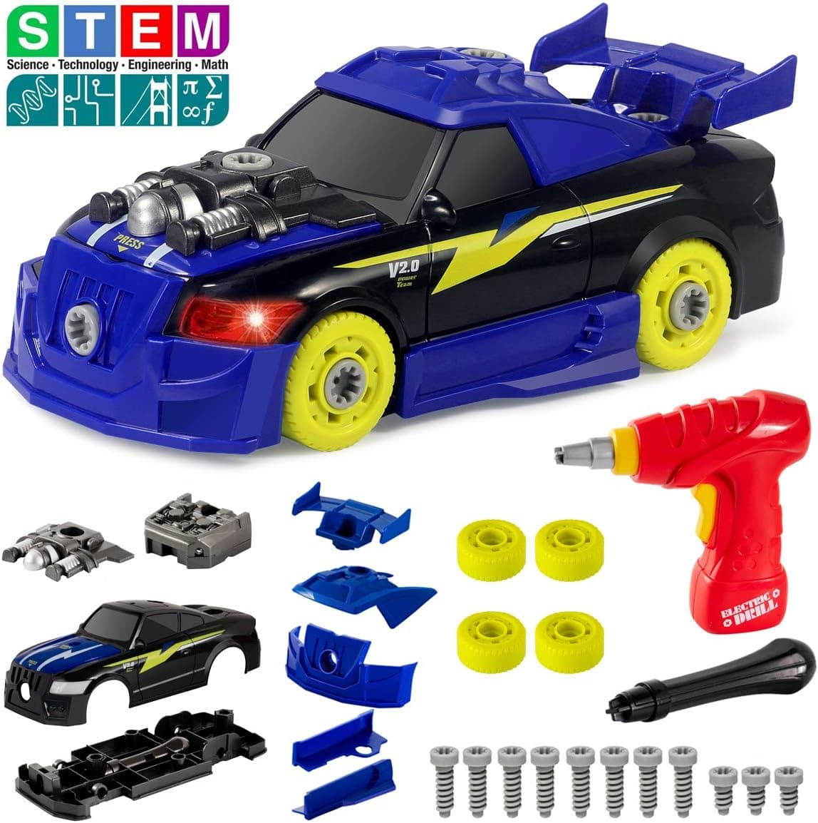 Take Apart Racing Car Toys with Drill Tools, STEM 26 Pieces Racing Car Toy Kit Vehicle Assembly Set with Lights & Engine Sounds, Building Your Own Car Toy Set Gifts for Kids, Boys & Girls