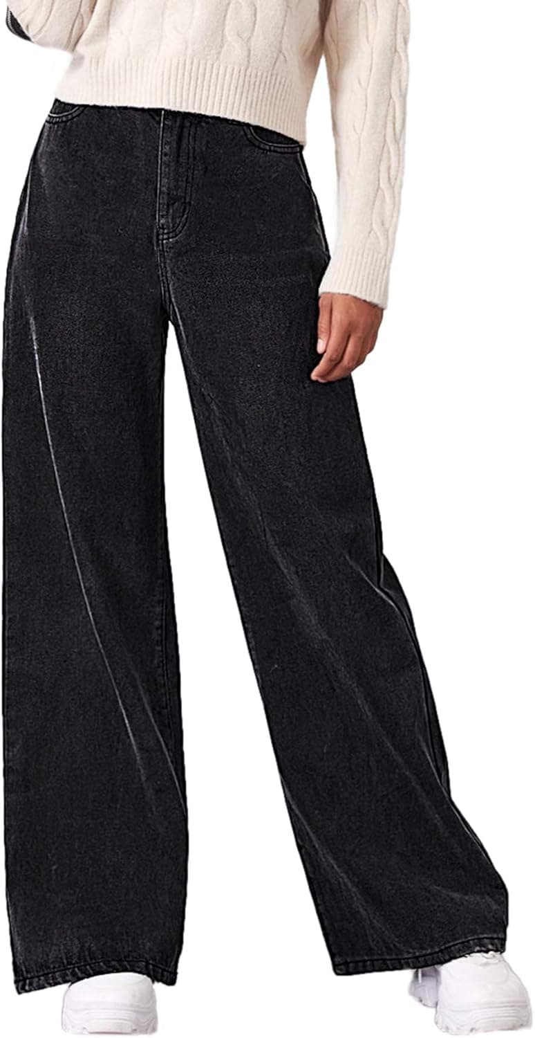 SOLY HUX Women's Casual Denim Pants High Waisted Wide Leg Jeans Pure Black M