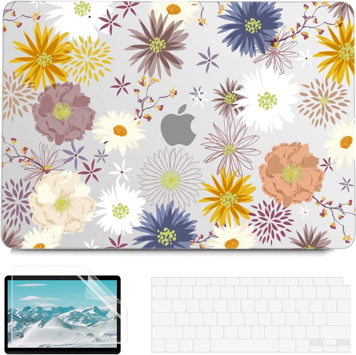 G JGOO Compatible with MacBook Air 13 Inch Case 2022 2021 2020 2019 2018 M1 A2337 A2179 A1932 Touch ID, MacBook Air Case, Clear Floral Hard Shell Case + 2 Keyboard Covers + Screen Protector, Flowers