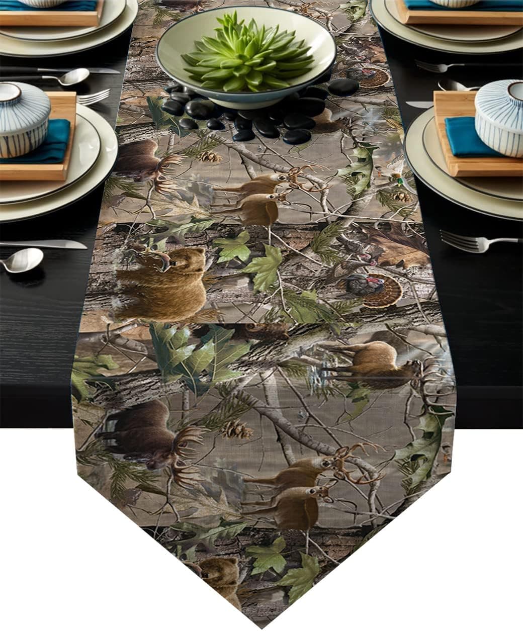 Cotton Linen Table Runner Camo Rustic Deer Elk Bird Bear Non-Slip Burlap Tablecloth for Holiday Dinner Parties Wedding Home Decor 18" x 72"