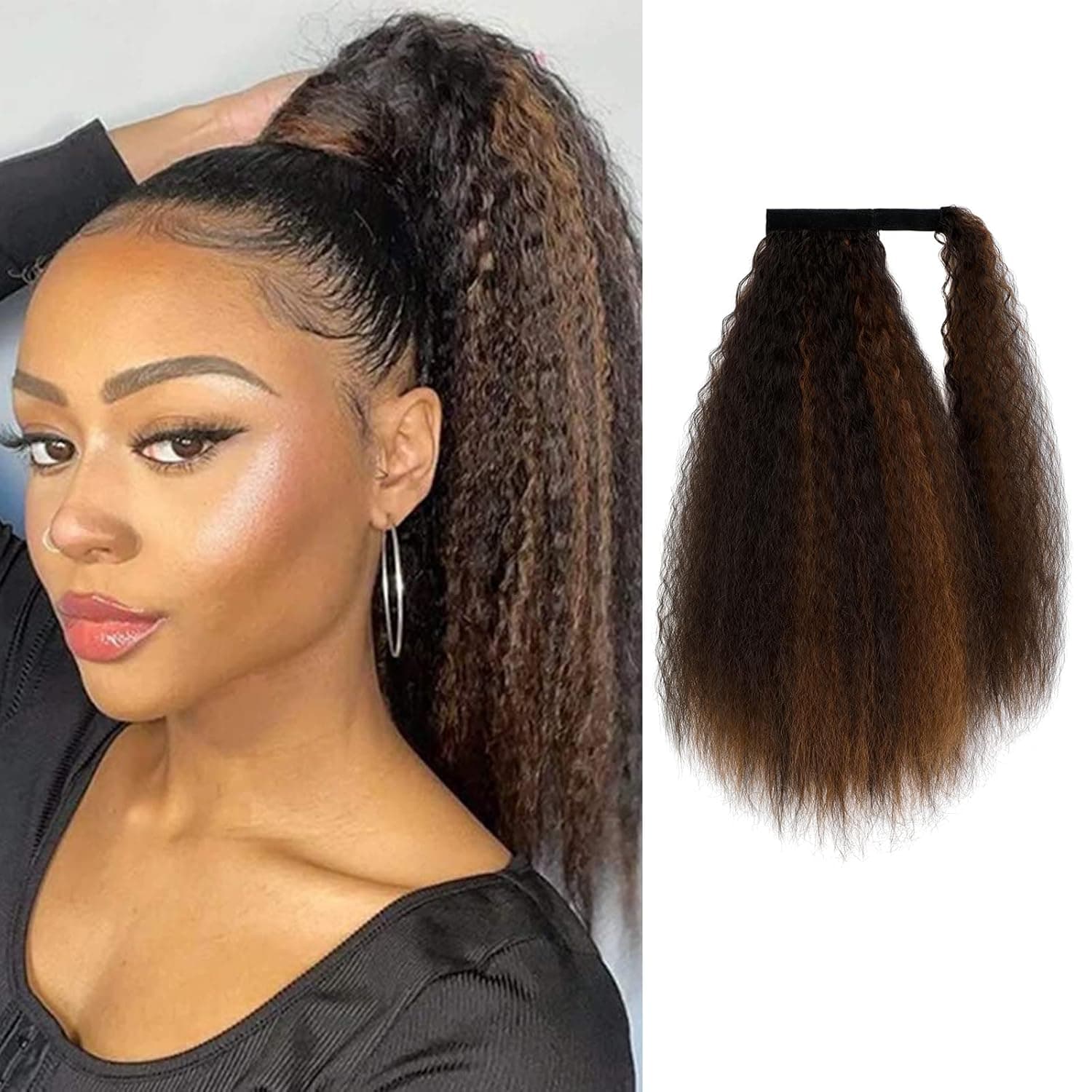 Wodelanle Ponytail Hair Extensions Clip in 22 inch Long Curly Wrap Around Ponytail Hair Extension Fluffy Kinky Clip in Synthetic Hairpiece for Women (Dark Brown Mix Light Auburn)