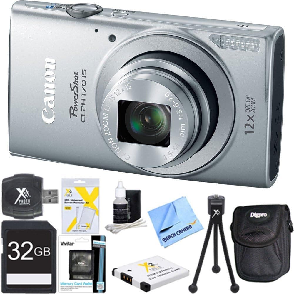 Canon PowerShot ELPH 170 is 20MP 12x Opt Zoom Digital Camera - Silver 32 GB Bundle - Includes Camera, 32GB SD Memory Card, USB Card Reader, Battery, 5" Flexible Mini Tripod, Lens Cleaning Kit, More