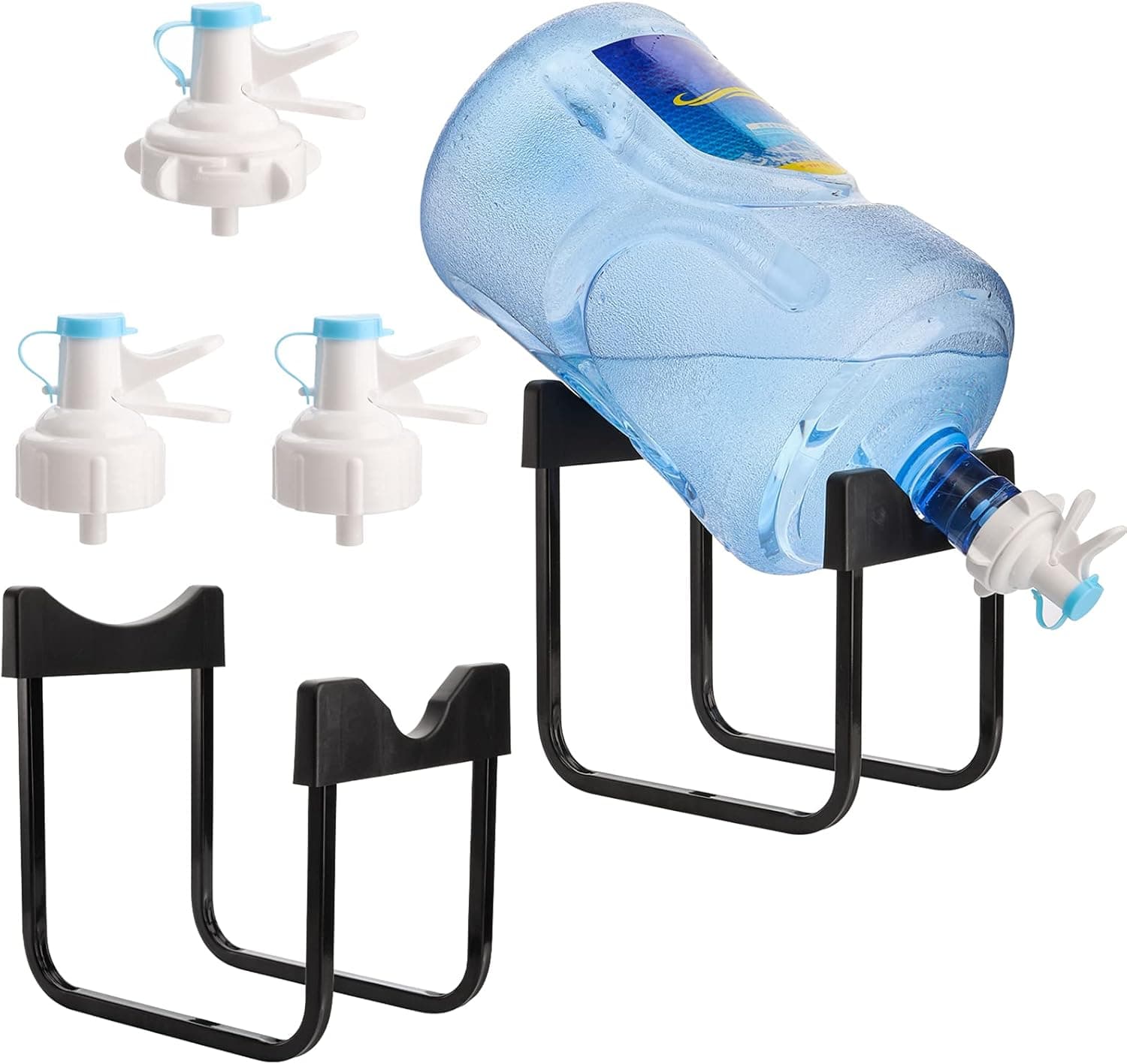 Hedume 2 Sets Stainless Steel 3-5 Gallon Water Jug Stand with 4 Dispenser Valves, Non Slip Water Stand with Fast Flow Water Spout Fits Both 48mm and 55mm Bottles 4 Caps Included, BPA Free