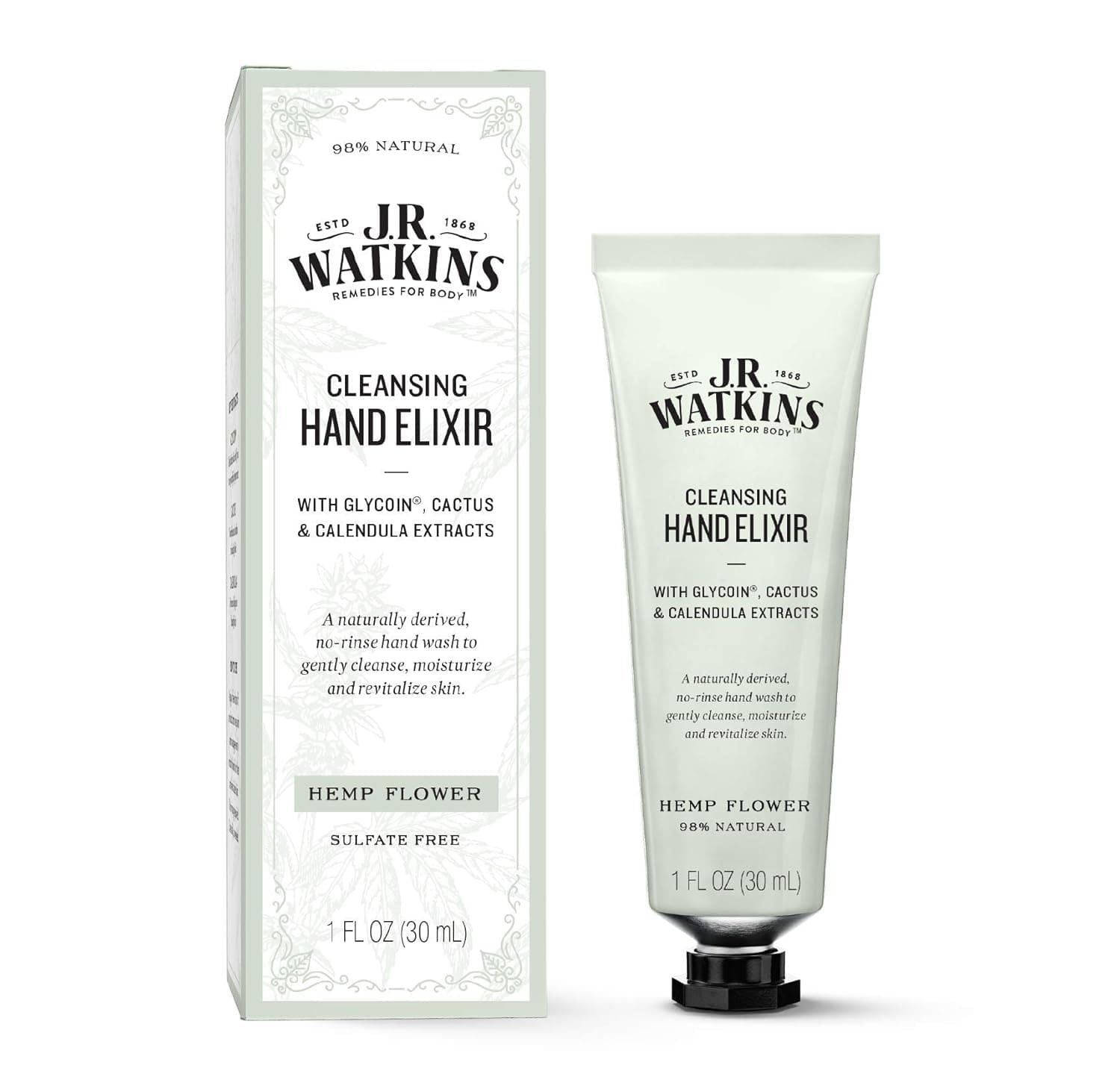 J.R. Watkins Hemp Flower Hand Elixir, No Rinse Waterless Cleansing Hand Wash, Convenient 1 oz