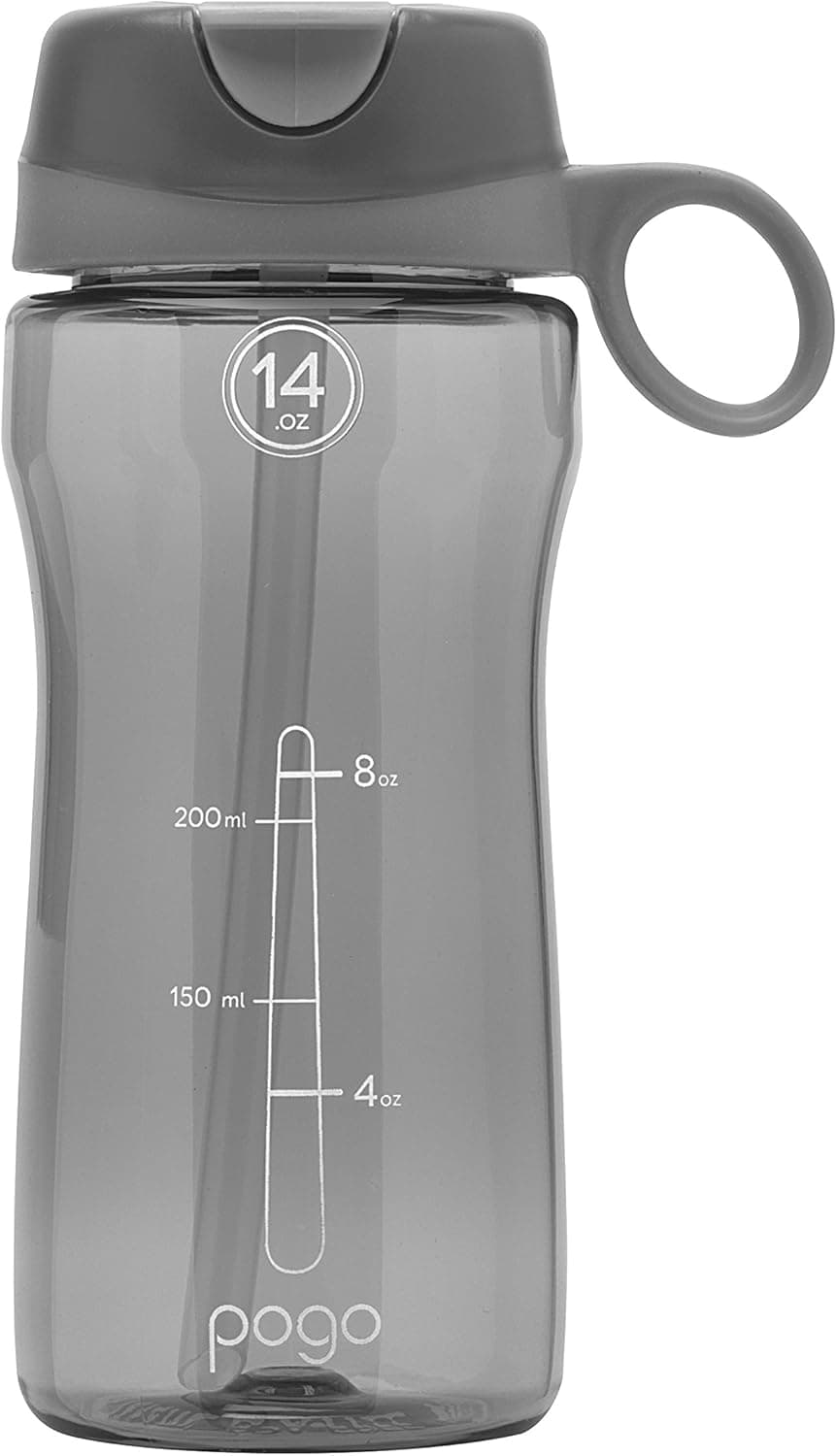 Pogo BPA-Free Tritan Water Bottle with Flip Straw, Grey, 14 oz.