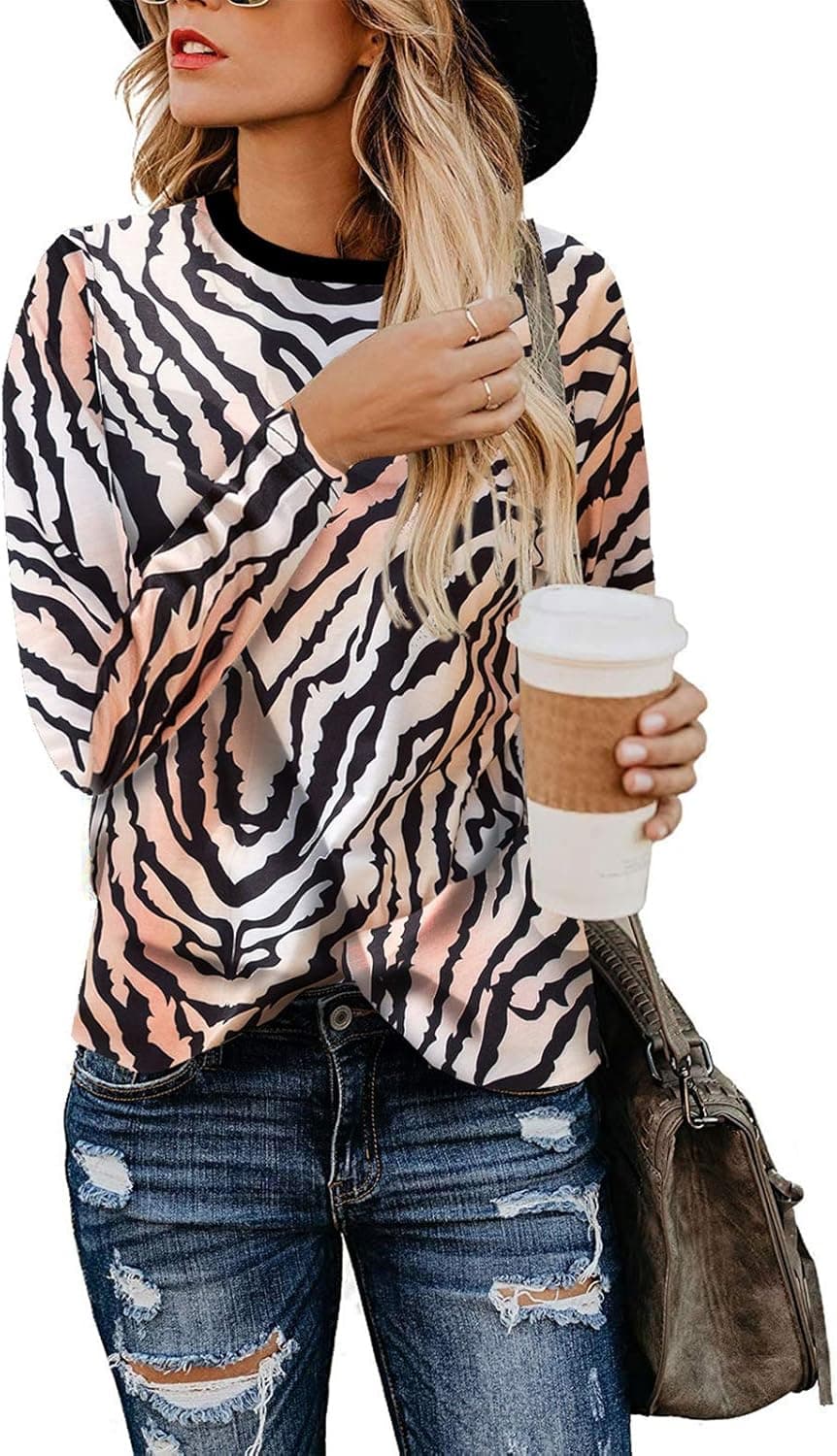 SHIBEVER Leopard Printed Blouses Shirts for Women, Causal Summer Short Sleeve Tops Striped Pattern Tunics Top