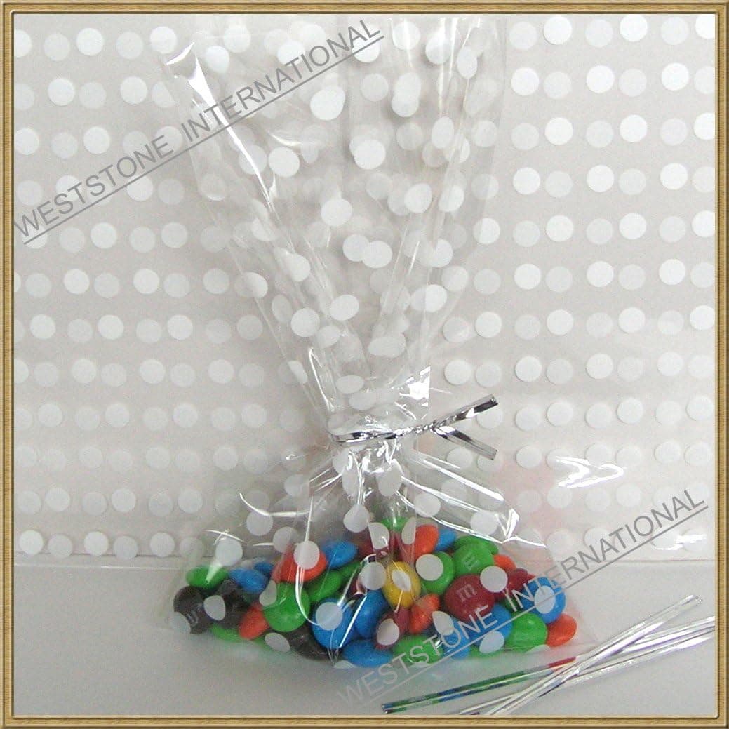 25pcs 5"x 8"Polka Dot White" Gift Cello Bag + Twist Ties