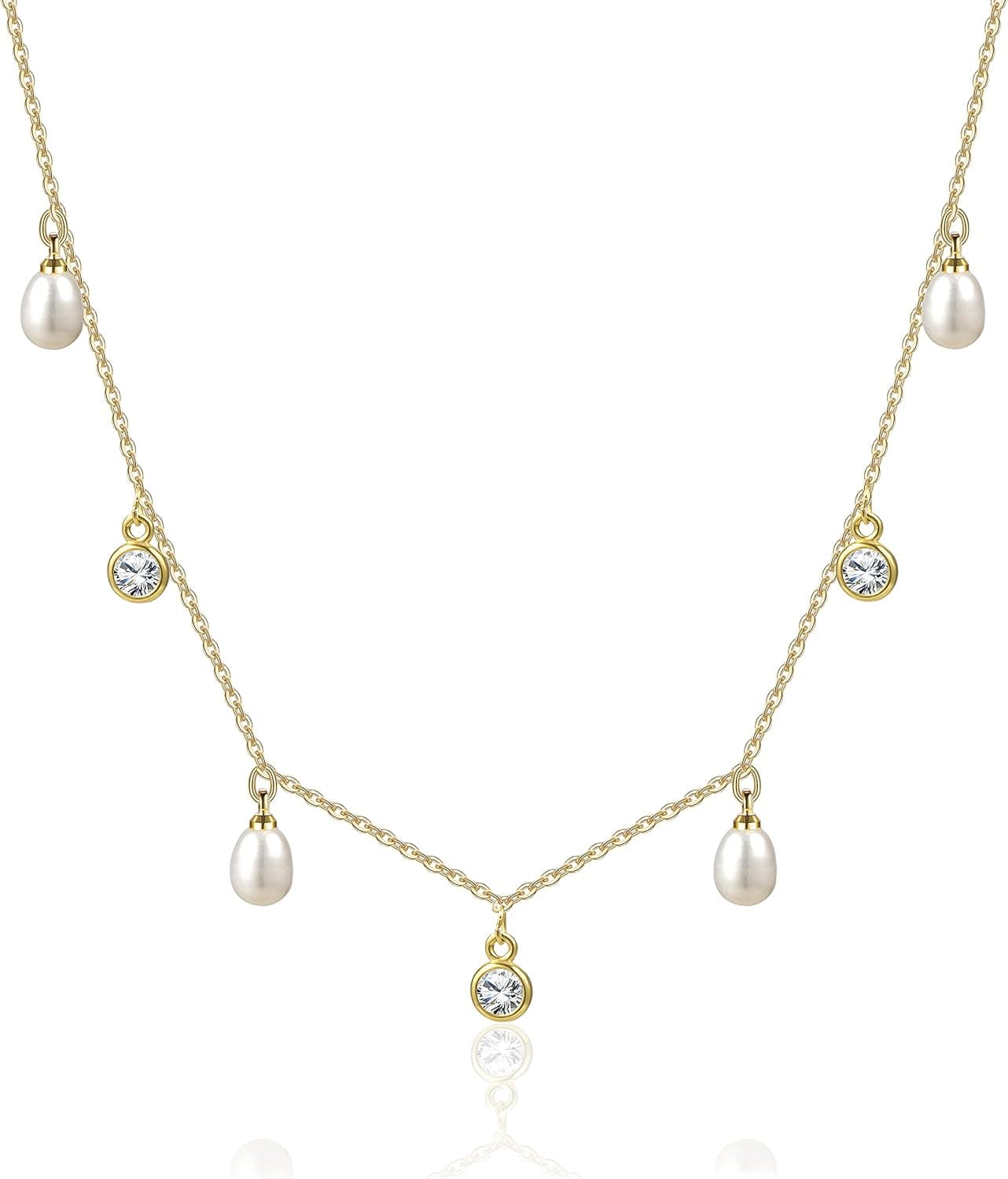 Cowlyn Pearl Necklace 14K Gold Plated Station Tassel CZ Freshwater Cultured Pearls Pendant Chain Dainty Choker Jewelry for Women Girls Valentines Day Gifts