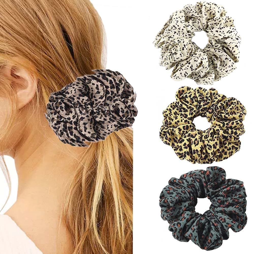 Chennie Leopard Print Scrunchie Velvet Cheetah Hair Ties Chiffon Elastic Hair Bands Oversized Scrunchy Ponytail Holder Hair Accessories Decoration Bun for Women and Girls (Pack of 4)