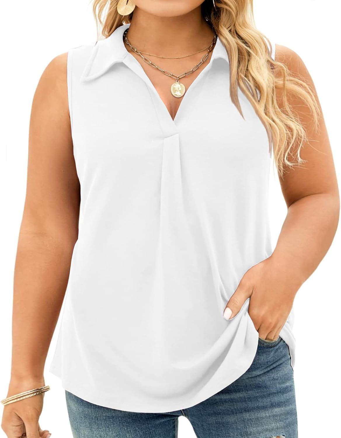 Haloumoning Plus Size Tank Tops for Women Pleated V Neck Sleeveless T Shirts Casual Tunic Blouse