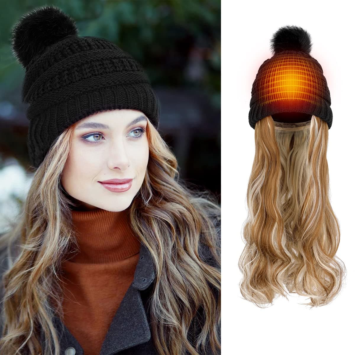 Knit Beanie Cap with 20'' Hair Extensions Detachable Pom Warm Thick Lined Hat Attached Synthetic Wavy Curly Hairpiece for Women Ginger Blonde Mix Bleach Blonde