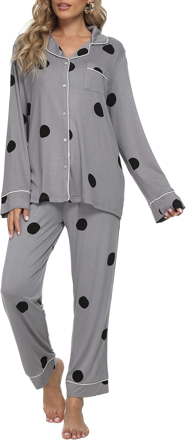 Invug 2PCS Women's Long Sleeve Pajama Sets Casual Soft Sleepwear Button-Down Pjs