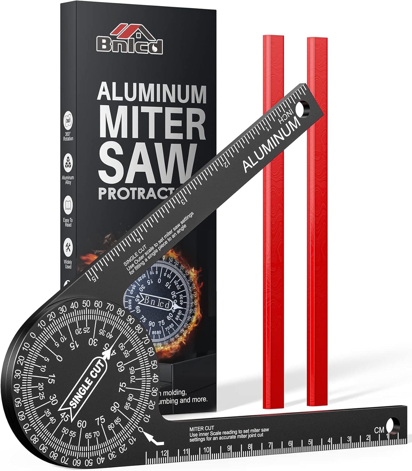 Bnlcd Miter Saw Protractor, 7.3-Inch Aluminum Protractor Angle Finder Featuring Precision Laser Engraved Scales, Woodworking Angle Measuring Tool with 360 Degree Rotation Function