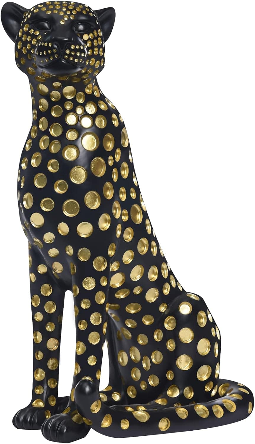 Quoowiit Animal Statues, Leopard Gold Decor Sculptures and Statues, Figurines Decor for Shelves, Tv Stand, Dining Table, House, Resin Art Decorative Desk Sculpture with Gold Polka Dots Design (Black)