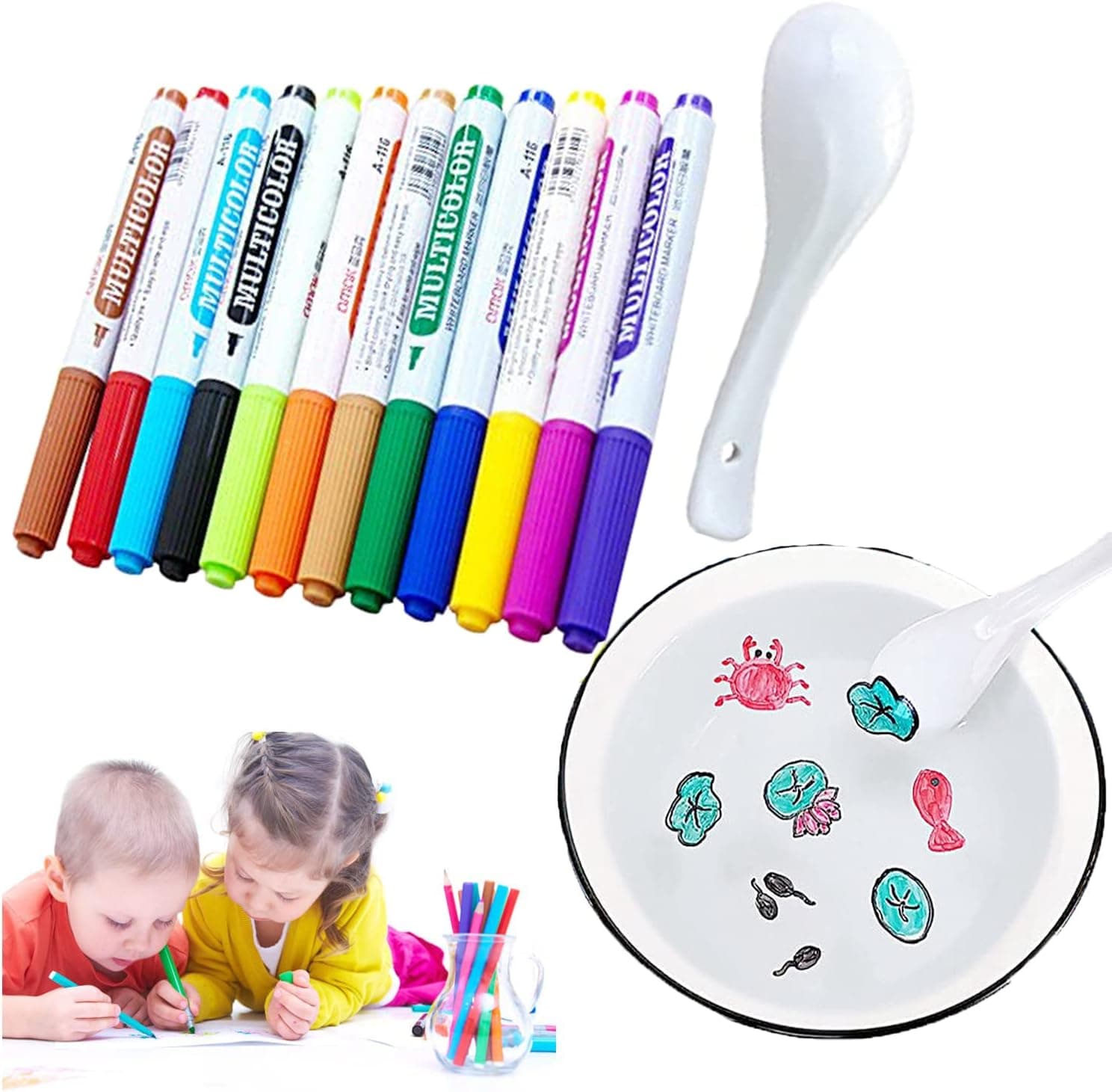 Magical Water Painting Pen, Magic Doodle Drawing Pens 12 Colors Set, Painting Floating Marker Pens, Doodle Water Floating Pens with 1pcs Ceramic Spoon Gifts for Boys and Girls & Easter Gifts for Kids