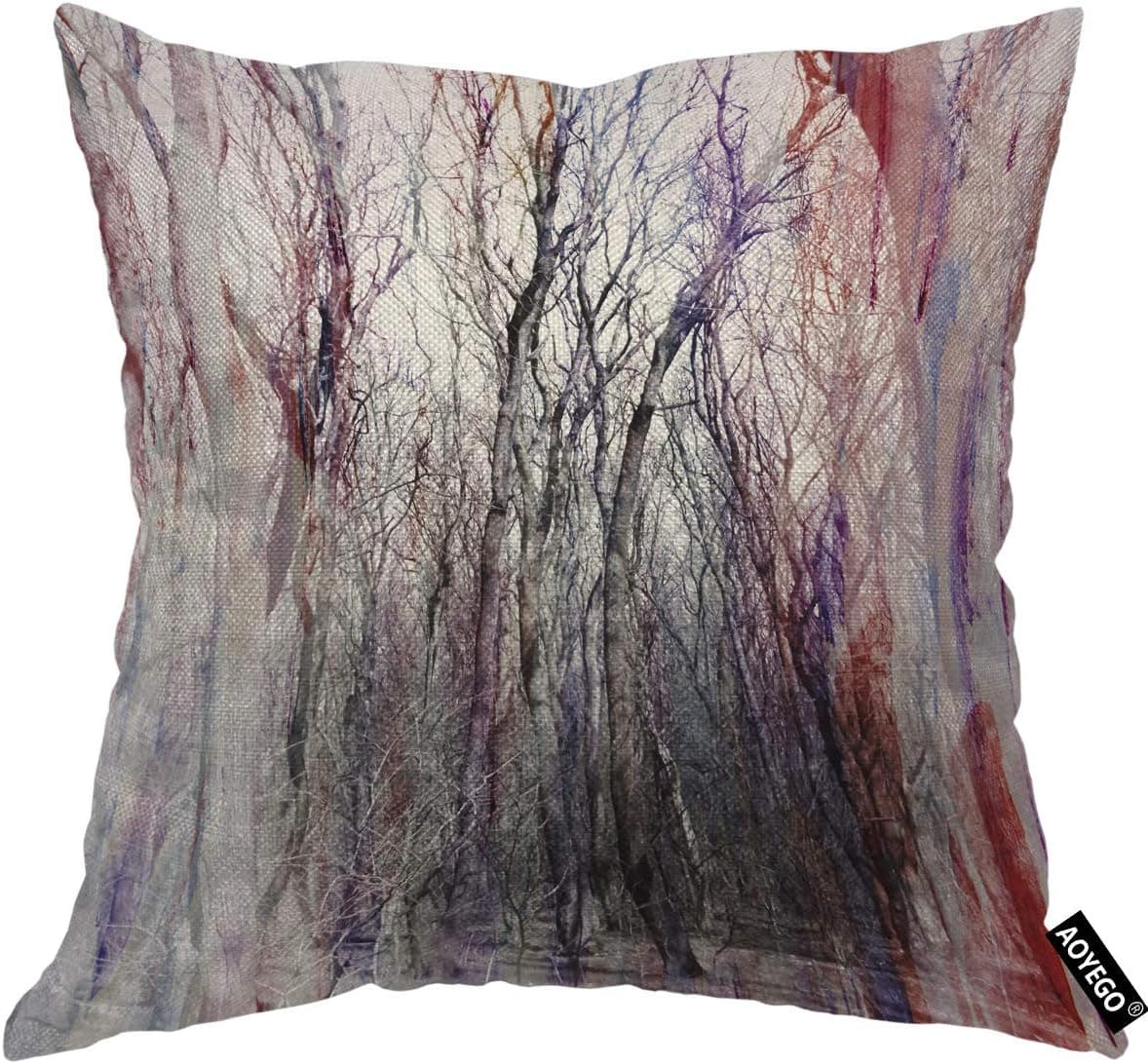 AOYEGO Forest Throw Pillow Cover Tree Branch Botanical Jungle Tropical Plant Color Sketch Foliage Pillow Case 16x16 Inch Decorative Cotton Linen Square Cushion for Home Couch Bed