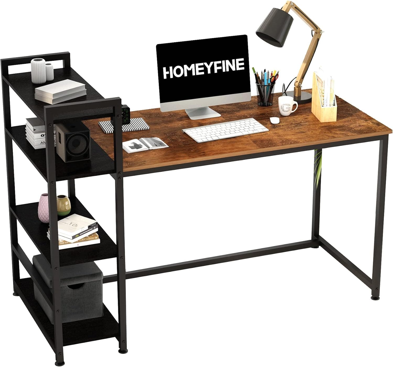 HOMEYFINE Computer Desk,Writting Desk with Storage Shelves,55 inches,Industrial Metal and Wooden Fashion Latop Desk for Home Office(Vintage Oak Finish Stitching Black)…