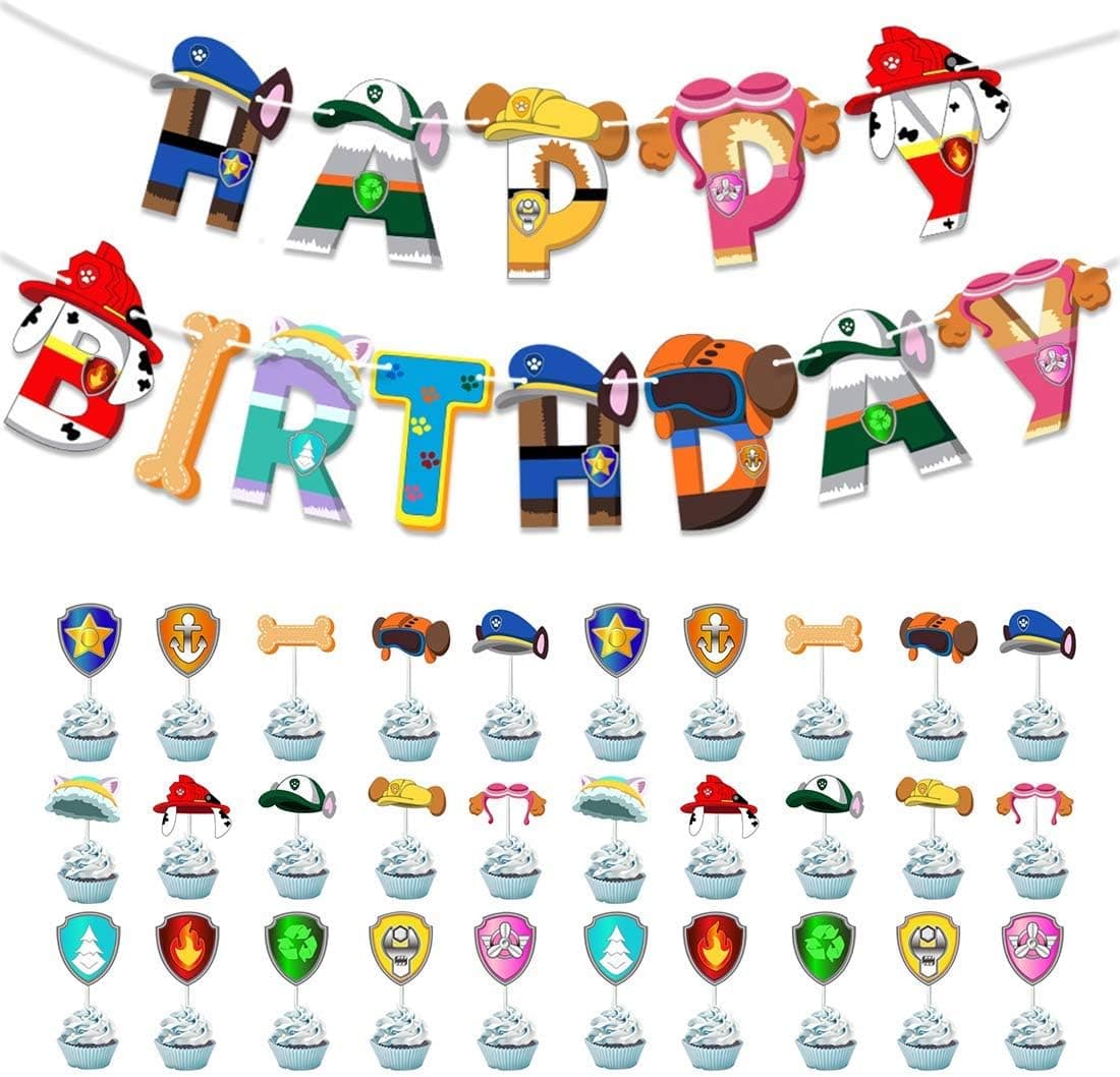 Paw Dog Theme Cupcake Topper Paw Dog Patrol Birthday Banner for Fans Party Supplies,Kids Birthday Party Decorations - Set of 31Pcs