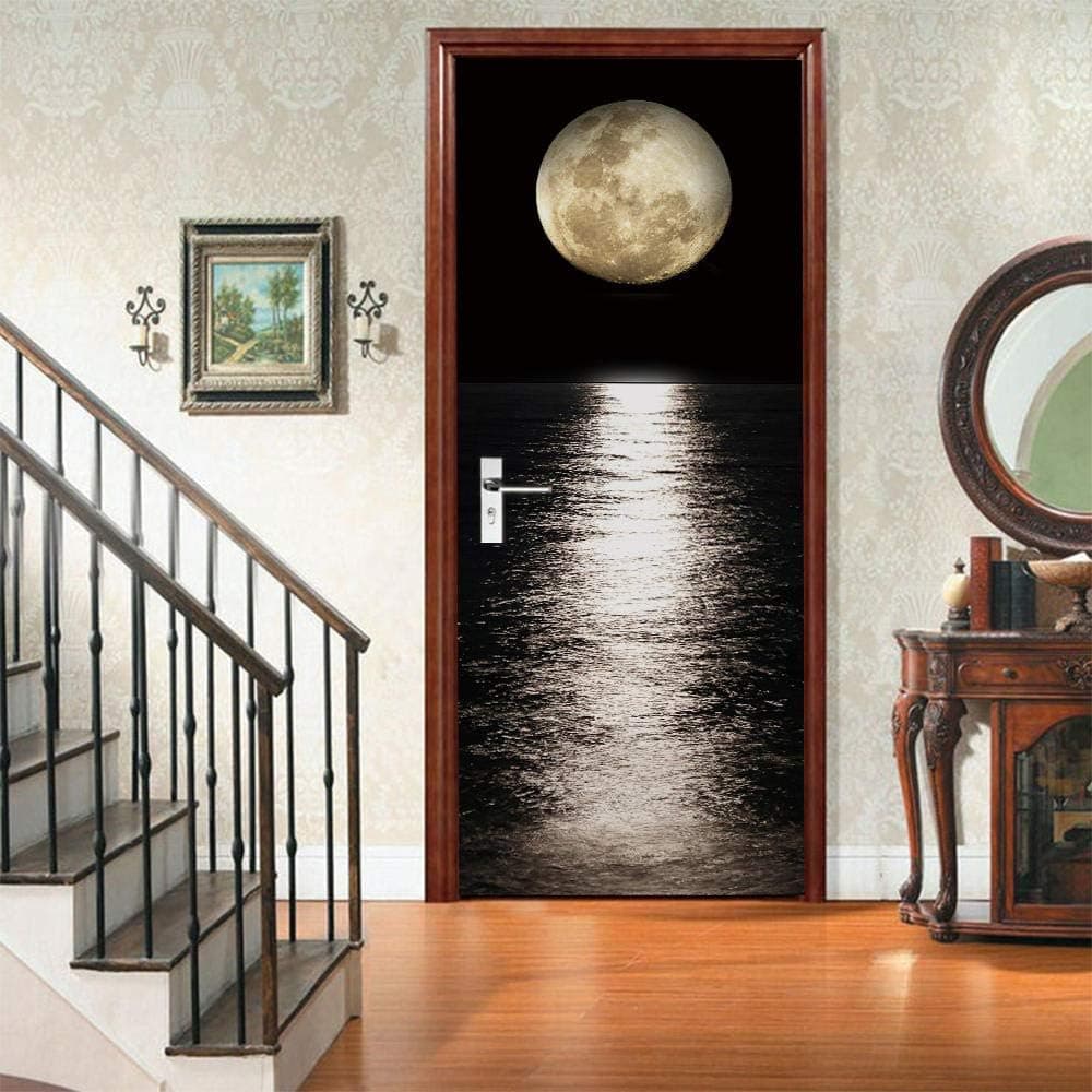 VIRANDA 3D Door Stickers Murals Peel and Stick-Moon -Self-Adhesive Door Decals, Removable PVC Waterproof Door Wallpaper for Bedroom Door Decoration 35.5x78.8 inch