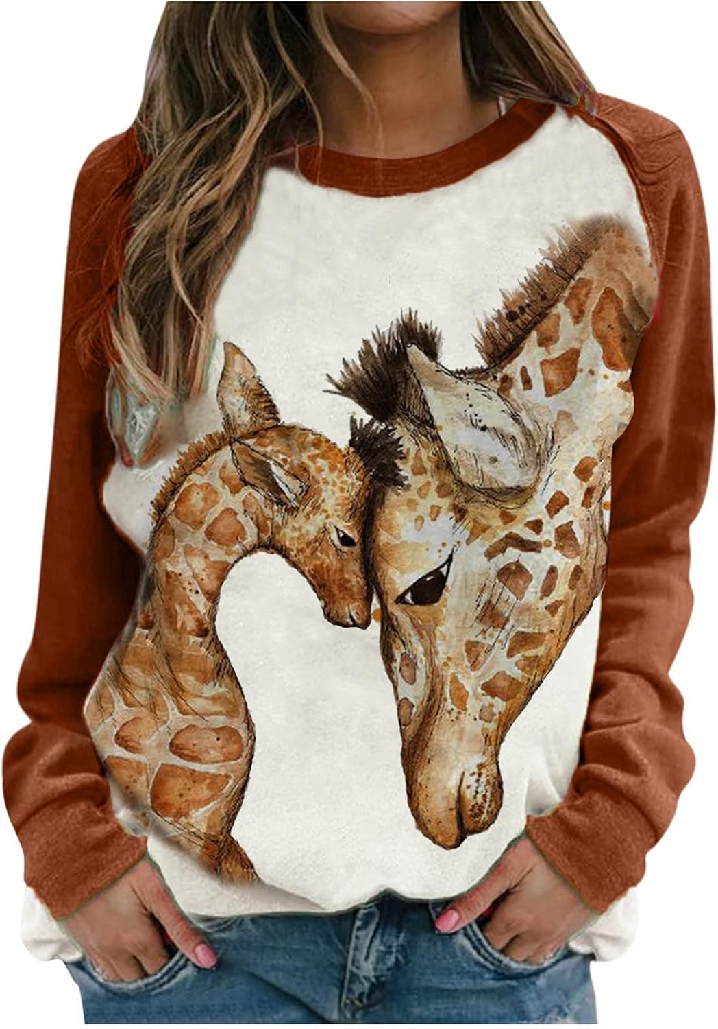 Graphic Tees for Women Vintage Trendy Cute Giraffe Print Long Sleeve Shirts Loose FIt Comfy Thin Crewneck Sweatshirts