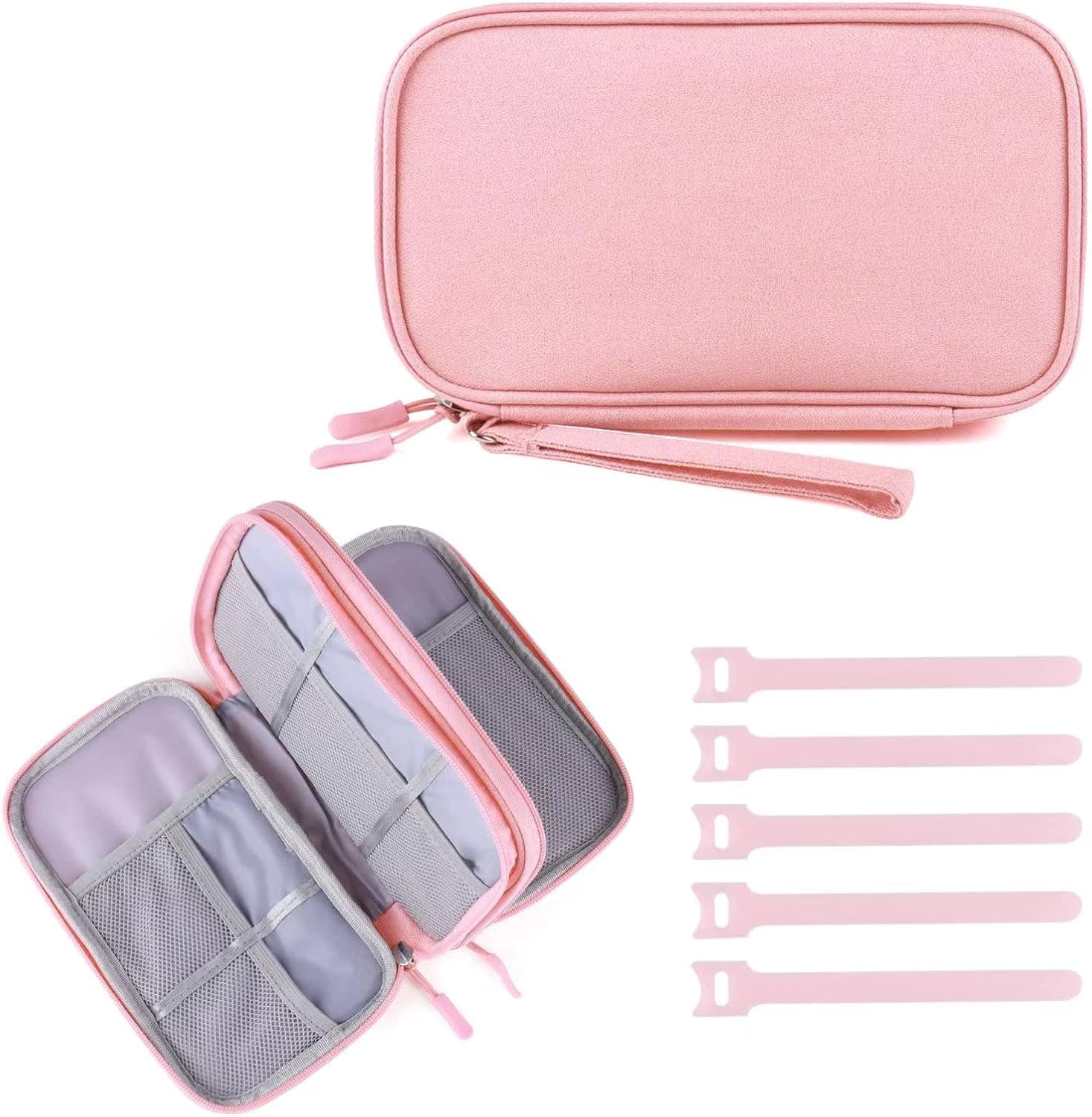 Cable Organizer Bag, Travel Cord Organizer Pouch Pink Electronics Accessories Bag Tech Cord Storage Pouch for Cable, Charger, Phone, USB, SD Card,with 5pcs Pink Cable Ties