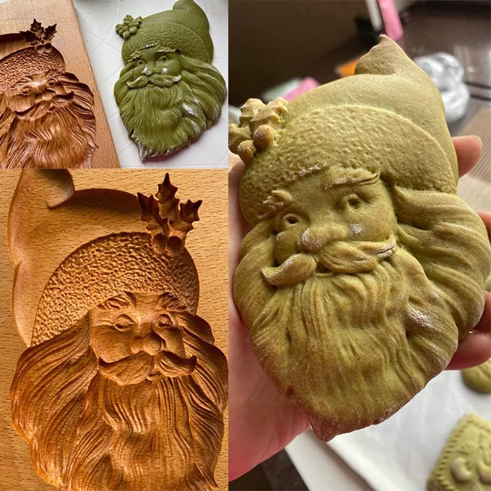 Funny Cookie Cutter Wooden Carved Embossing Mold for Gingerbread, DIY Shapes Cookie Stamp Biscuit Moulds for Cake Decorating Dessert Chocolate Sugar Craft, Kitchen Baking Tools (Santa)