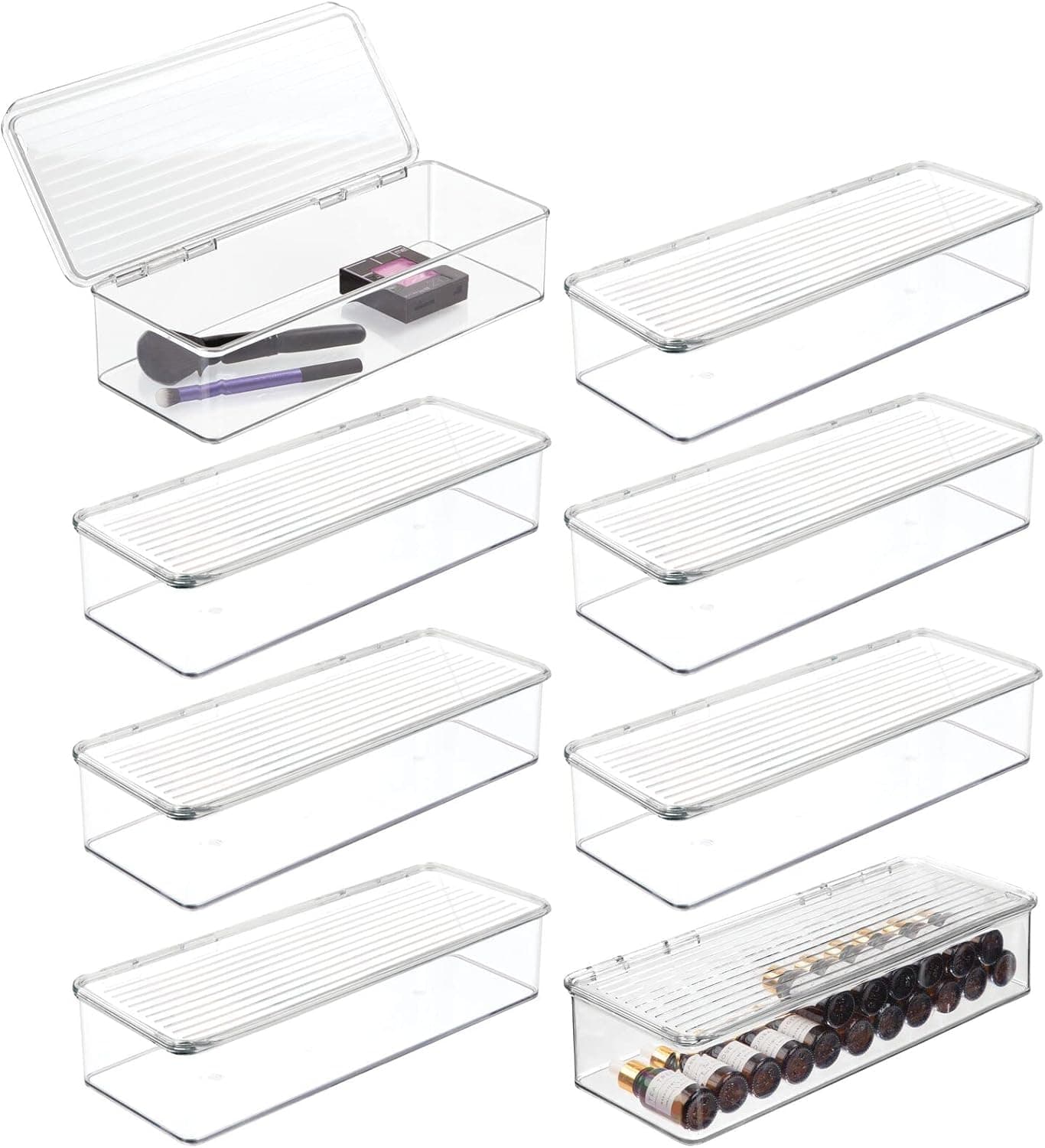 mDesign Long Plastic Cosmetic Storage Organizer Box Containers with Hinge Lid for Bedroom, Bathroom, and Vanity Shelf or Cabinet, Holds Masks, Palettes, Lotion, Astringents, Nail Polish, 8 Pack, Clear