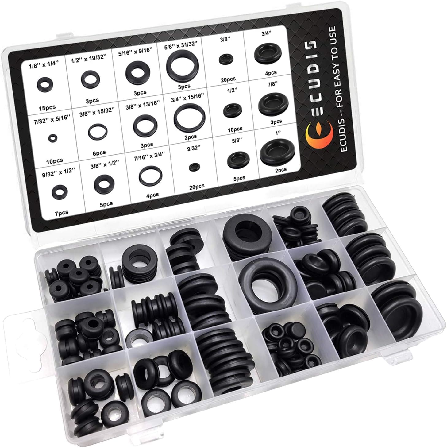 ECUDIS 125PC Rubber Grommet Firewall Hole Plug Assortment Set, Eyelet Gasket Rubber Assortment, Set of 18 Different Sizes for a Variety of Uses (Planned and Unplanned)
