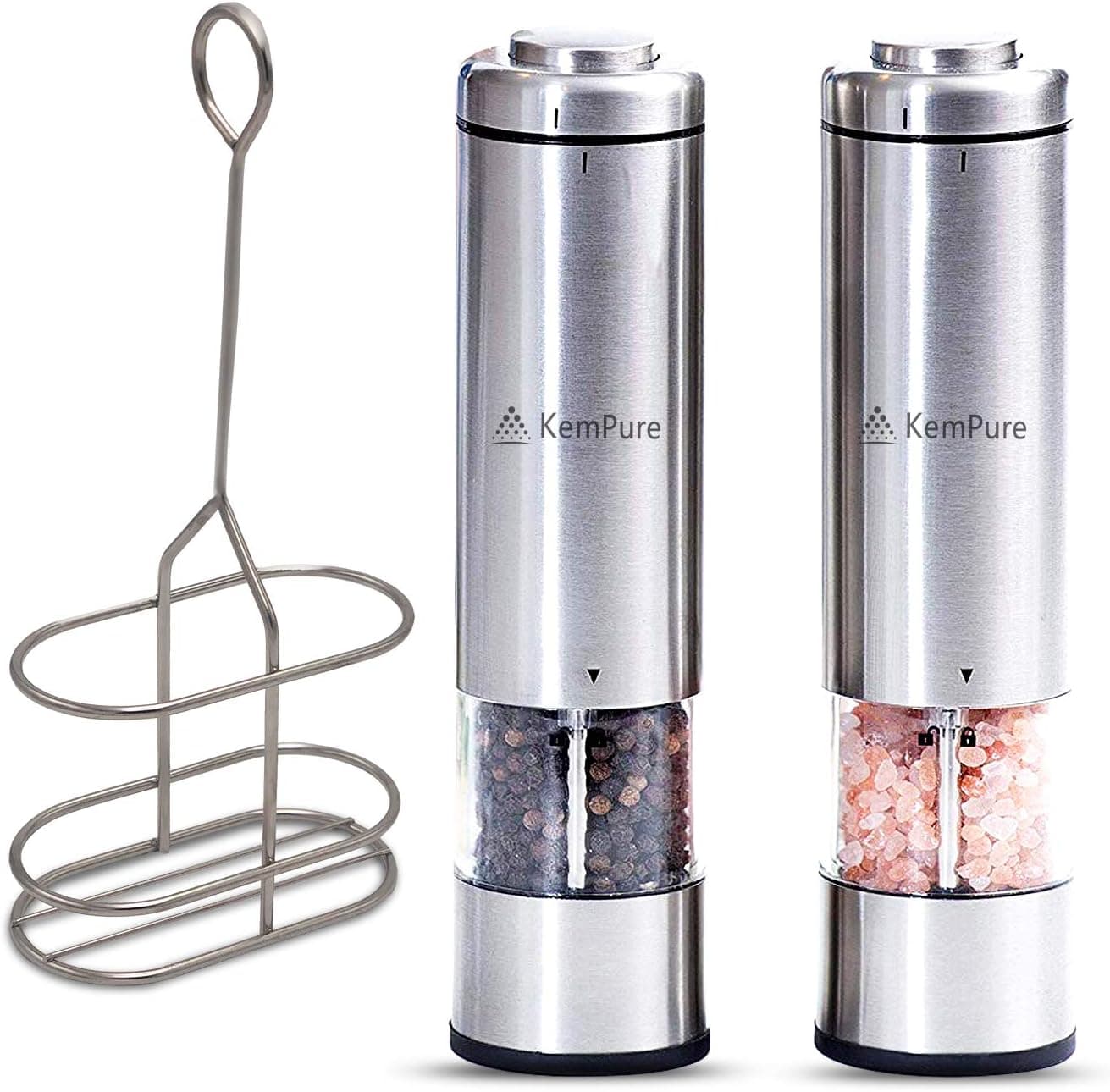Electric Salt and Pepper Grinder Shaker Mill Set with Stand Automatic One Hand Operation Battery Operated Ceramic Grinders with LED Lights and Adjustable Coarseness