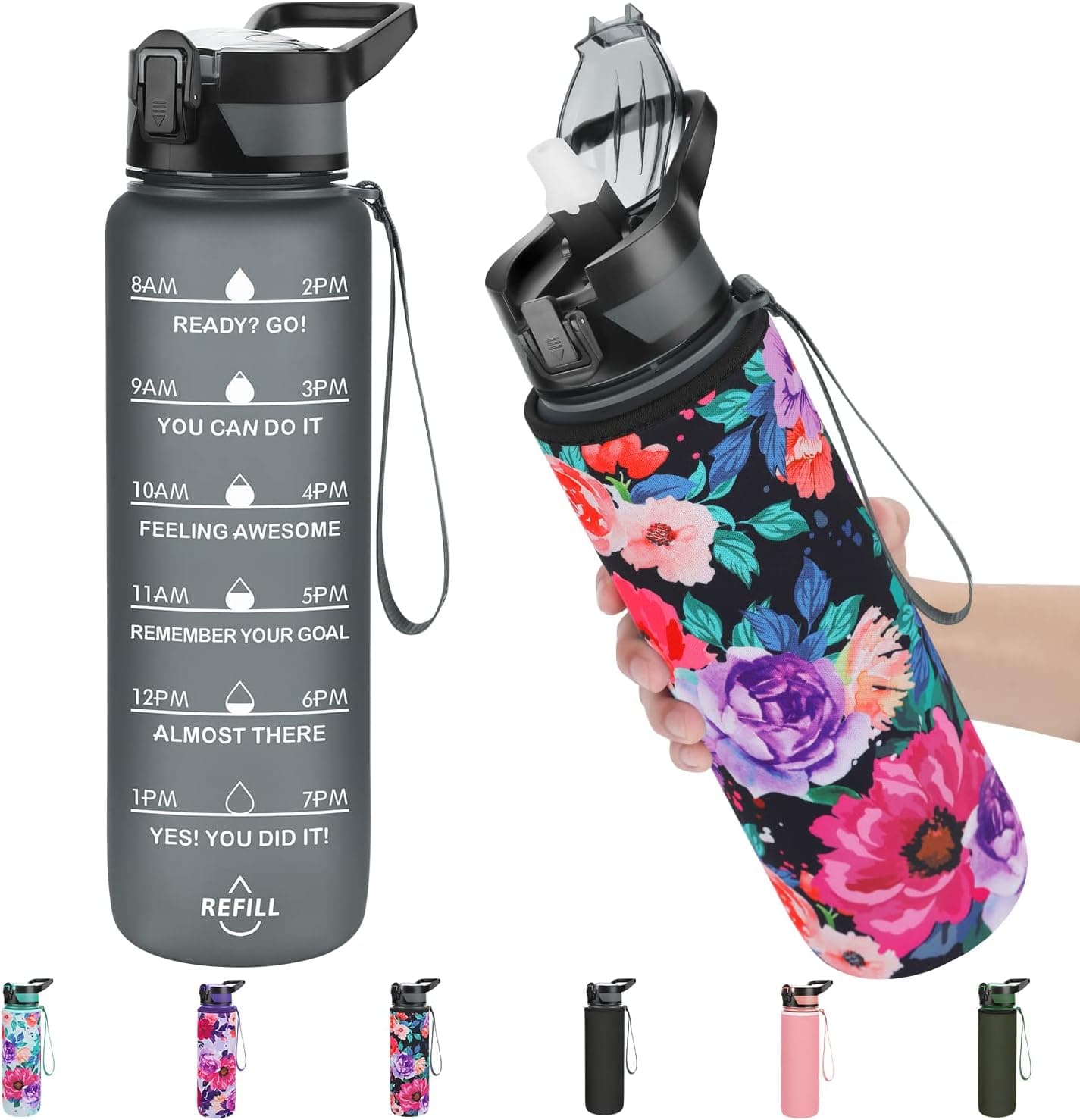 PASER Motivational Water Bottle 32 oz with Sleeve & Covered Straw Lid, BPA Free & Leakproof Tritan Portable Reusable Gym Sports Water Jug with Handle for Men Women & Kids