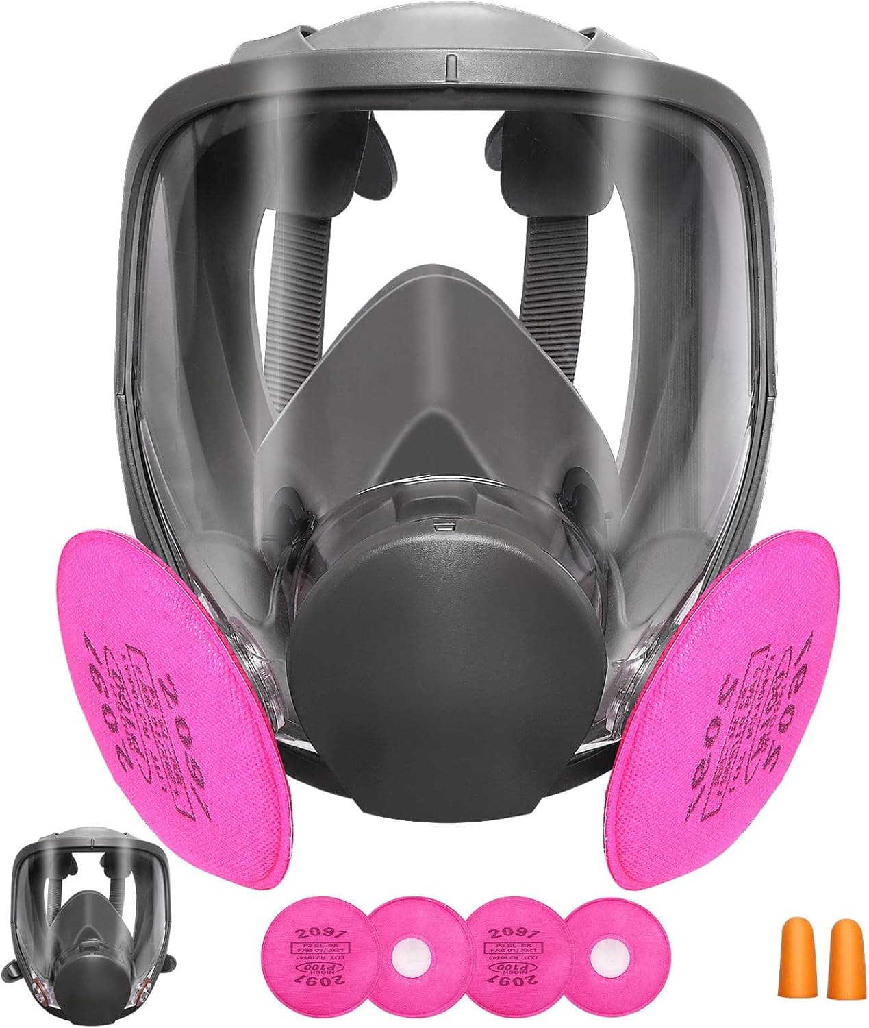 DADUMK Reusable Full Face Cover, Respirator 6800 with 2091 Filter and Earplugs, Wide Field of View, Widely Used in Organic Vapor Gas, Paint, Dust, Chemical, Woodworking