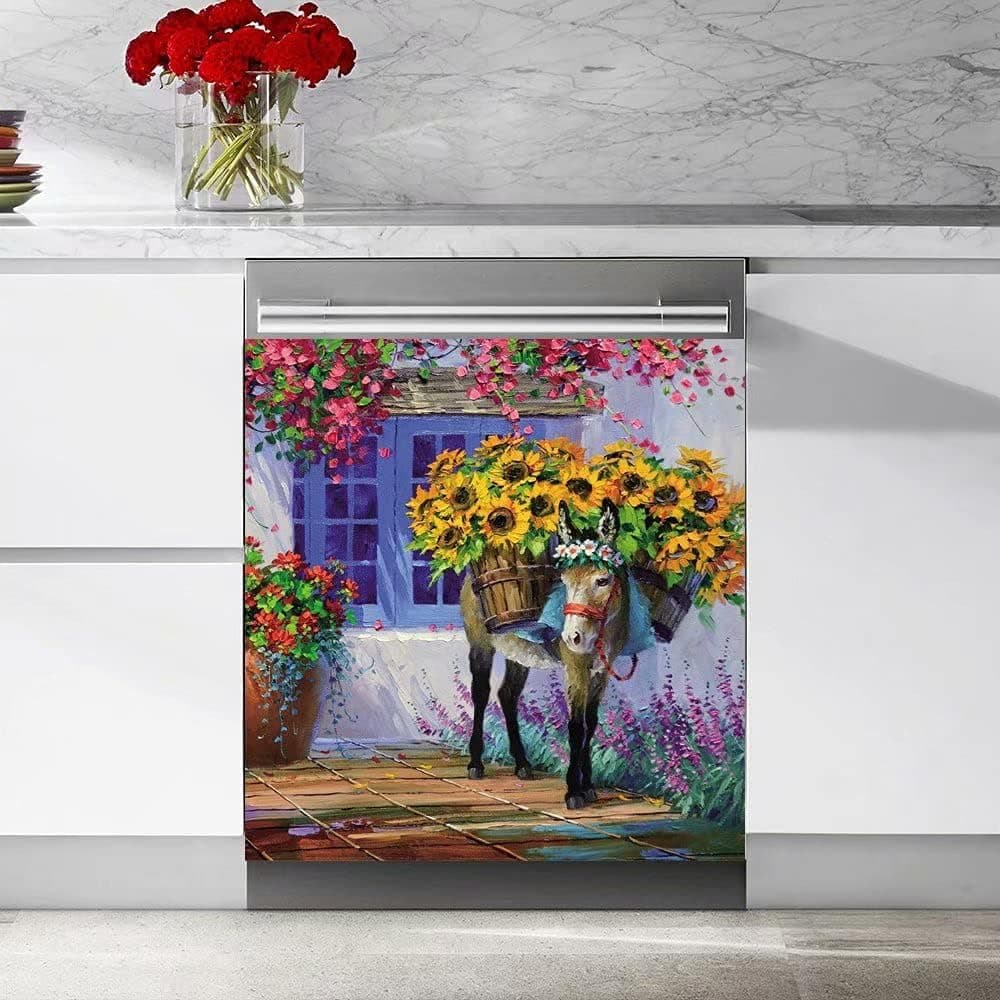 Tup Donkey Carrying Sunflowers Oil Painting Dishwasher Magnetic Sticker Kitchen Decorative Refrigerator，Washer Cover for Decor 23in W x 26in H Size ,23 W x 26 H inches(Magnetic)