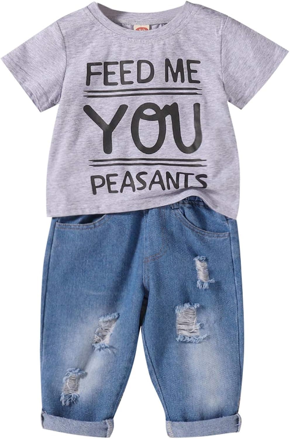 3-4T Boys Summer Clothes Cotton Print Short Sleeve Tops+ Jeans Pants Outfits 2PCS