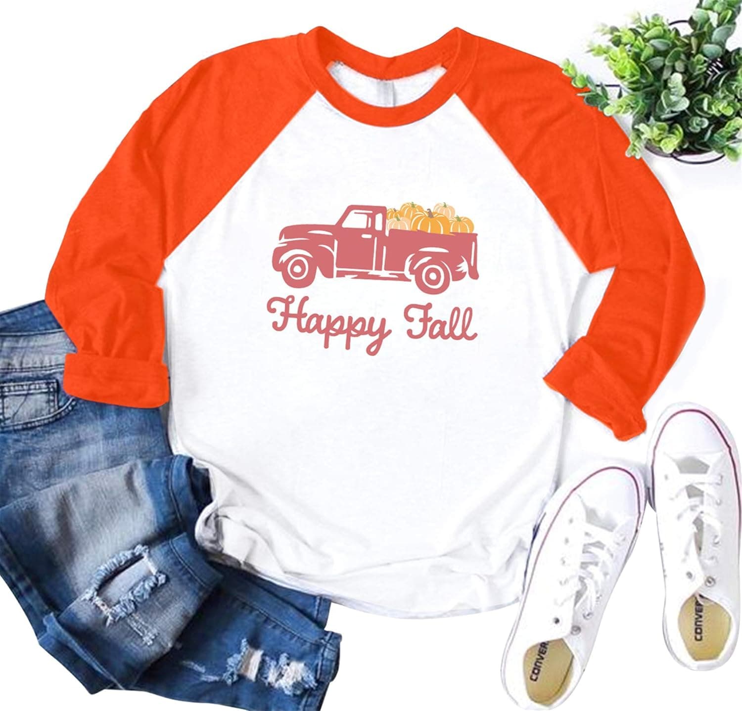 Halloween Womens Summer Raglan 3/4 Sleeve T Shirt Crew Neck Tops Funny Pumpkin Tee Orange 2XL