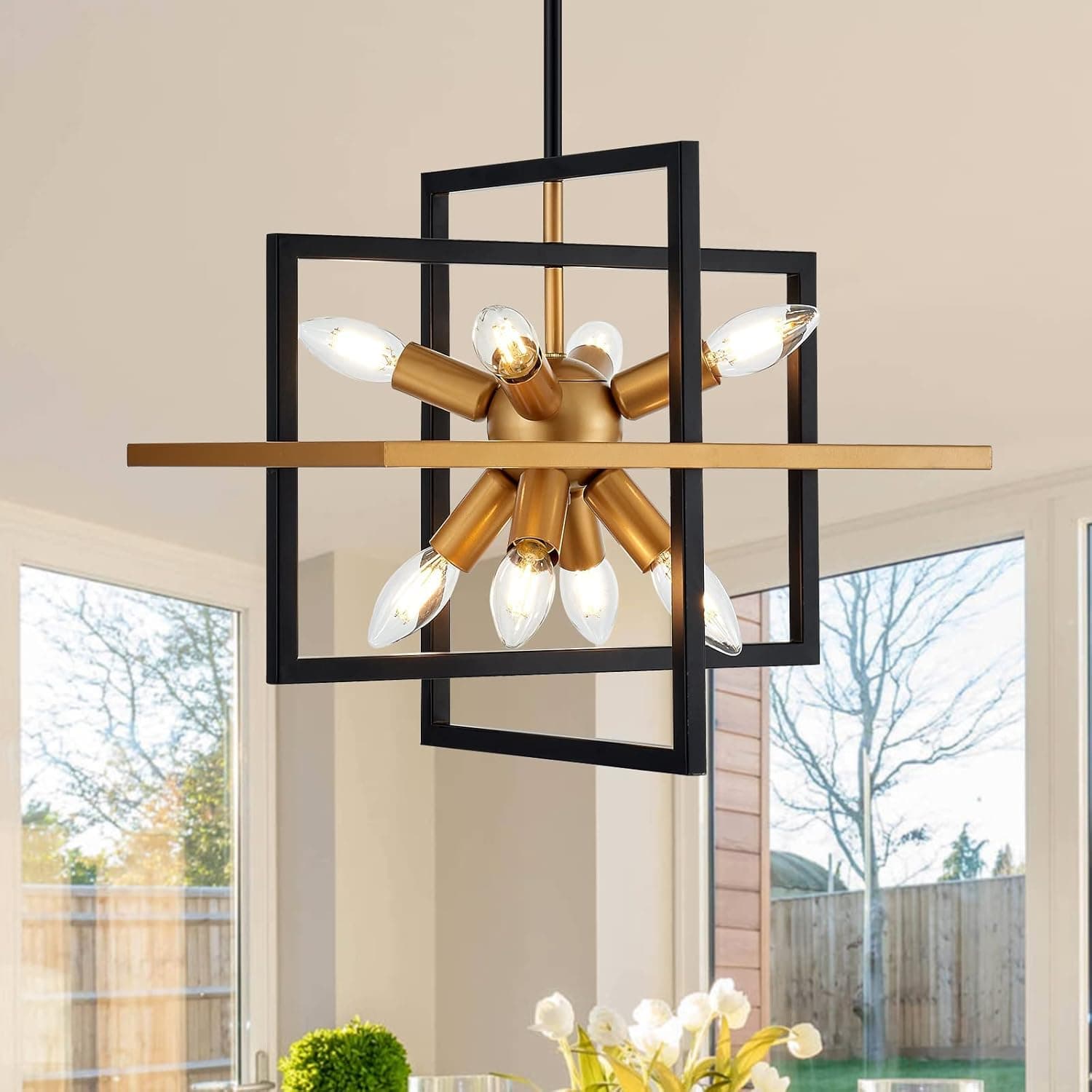 TACDANDM 15.8'' Black Gold 8-Light Sputnik Chandelier Modern Industrial Adjustable Hanging Geometric Pendant Light Fixture for Entryway Foyer Stairway Hallway Bedroom Living Room Kitchen Island