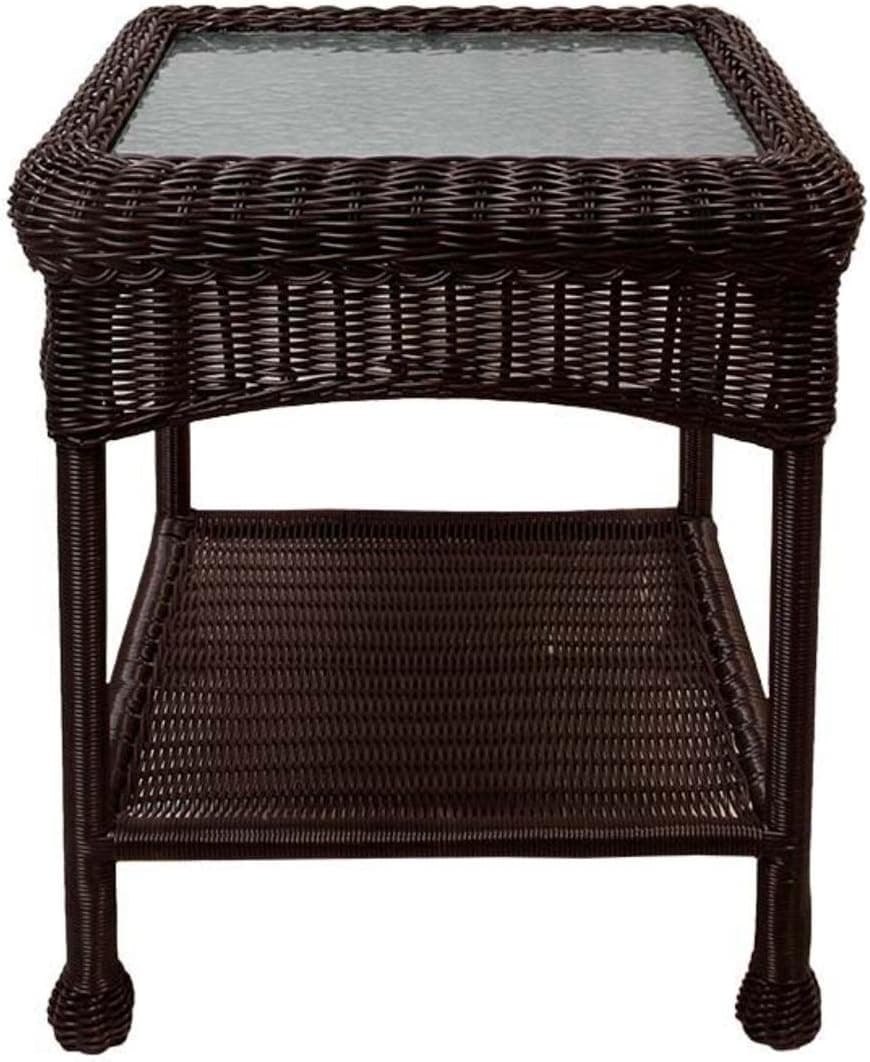 LB International 22" Brown Resin Wicker Outdoor Patio Side Table with Glass Top and Storage Shelf